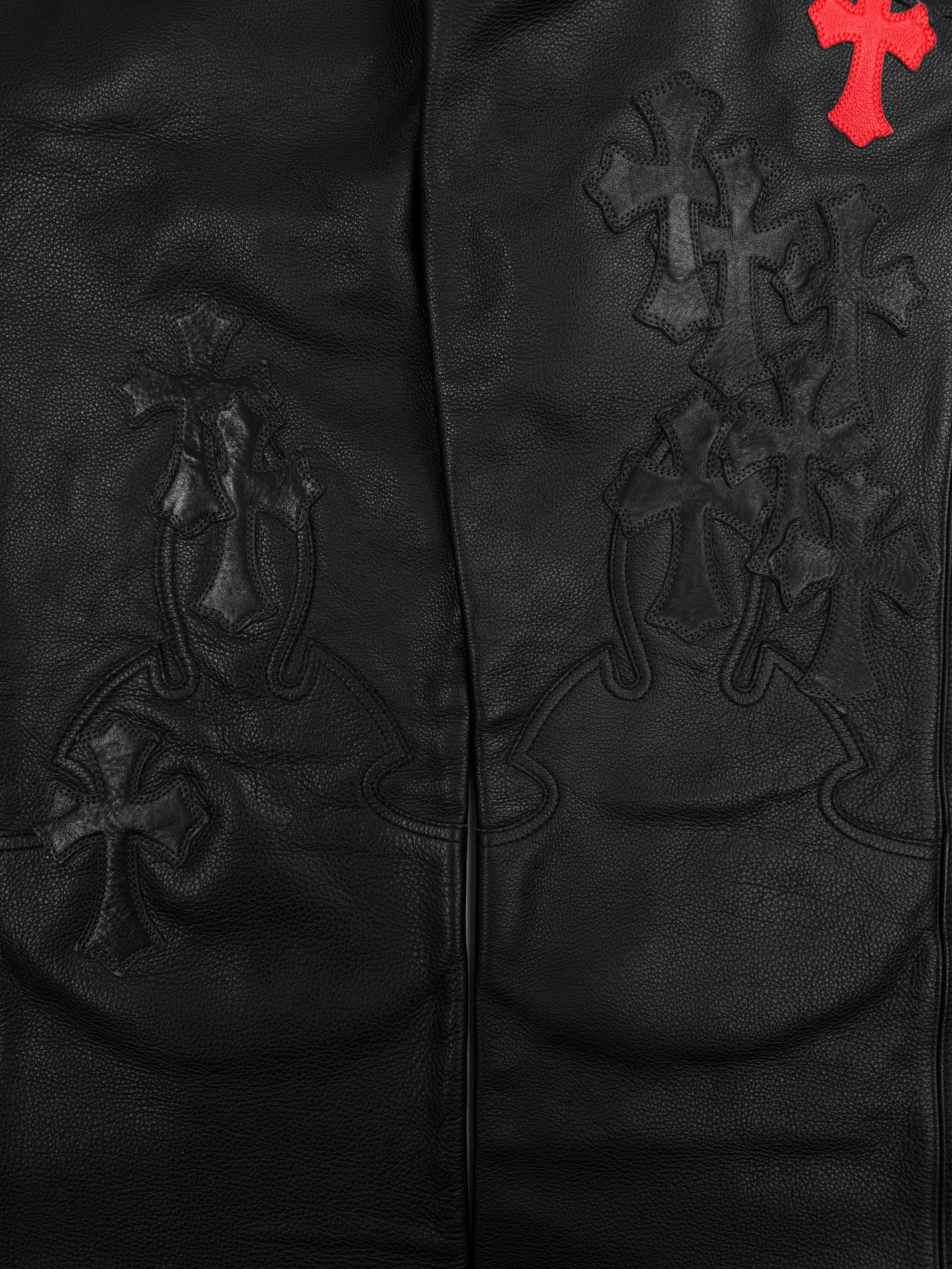 Chrome Hearts 20 Red Cross Patch Black Leather Fleur Knee Pants