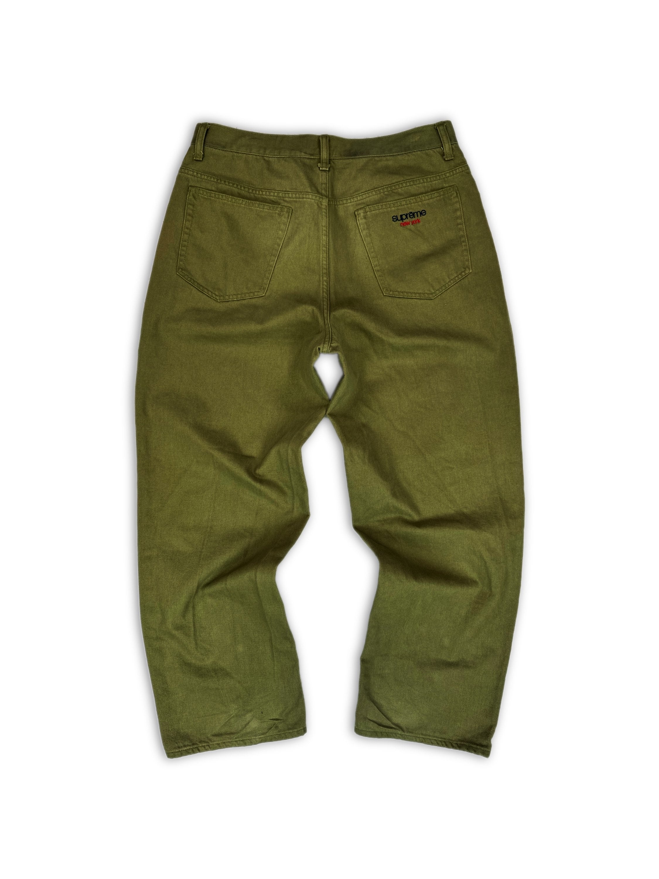 Supreme Olive Green Embroidered Back Logo Wide Cut Denim