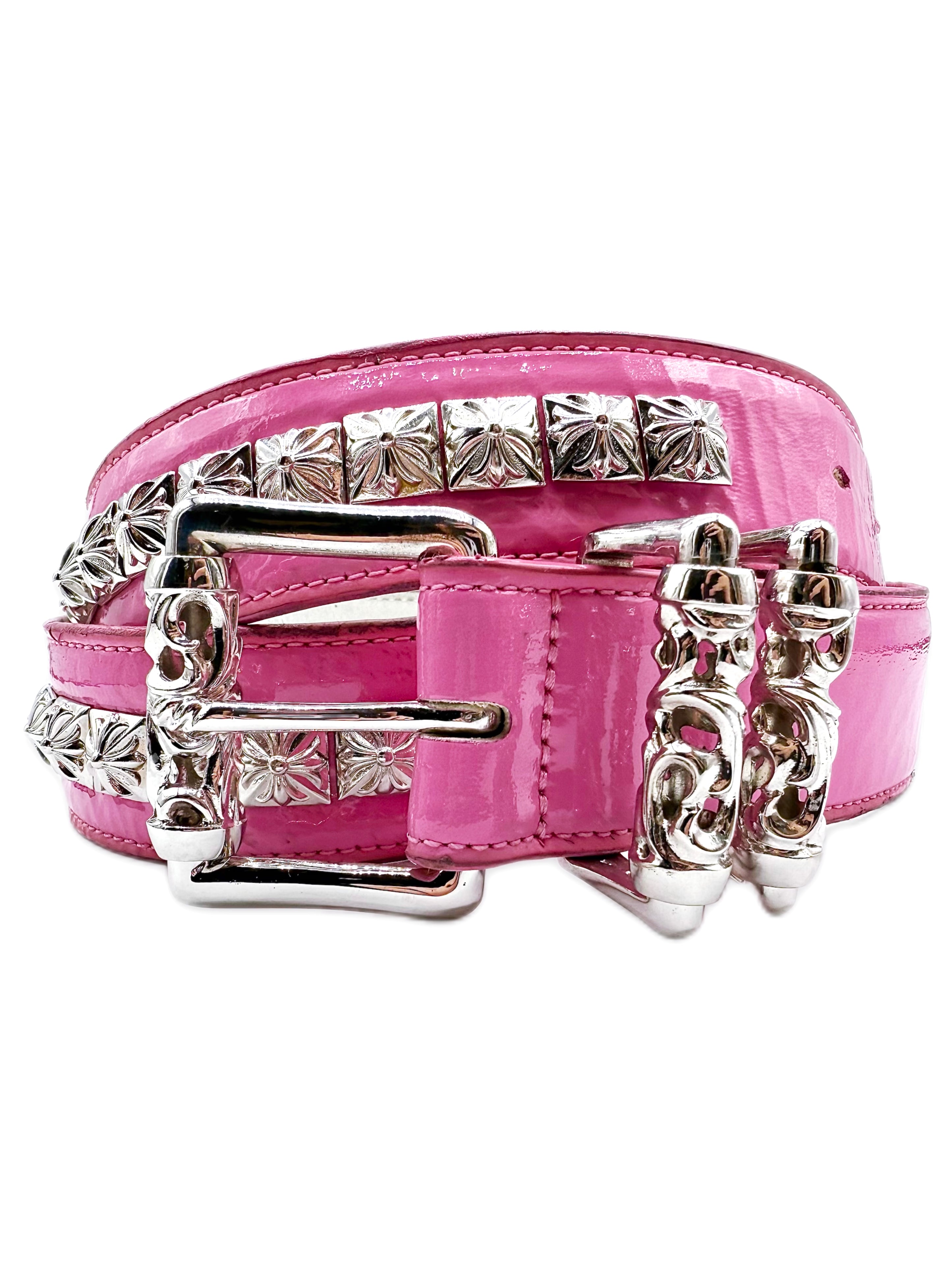 Chrome Hearts Pyramid Stud Patent Leather Rhodium Pink Roller Belt