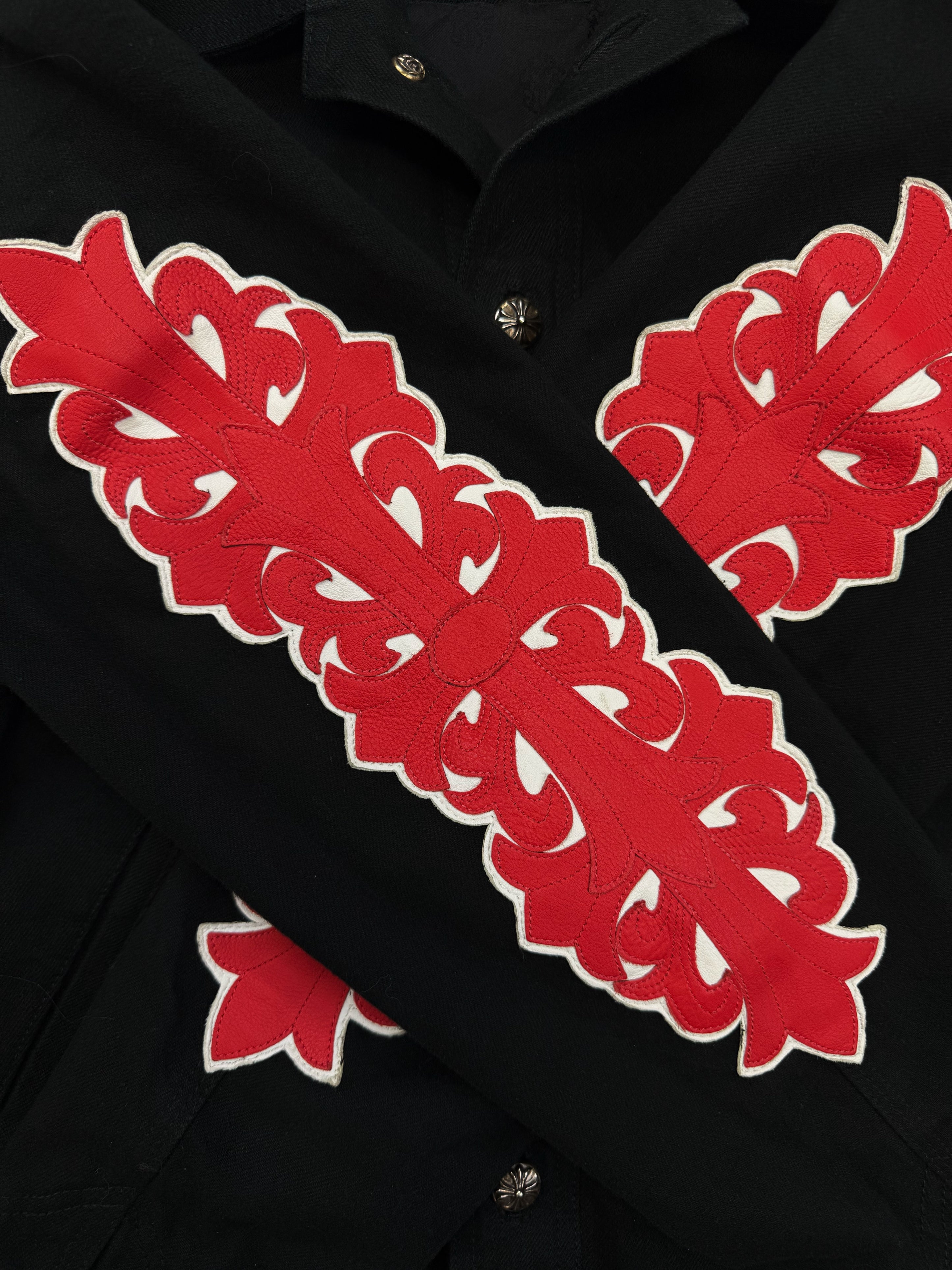 Chrome Hearts Red Fleur Sleeve Patch Black Denim Trucker Jacket