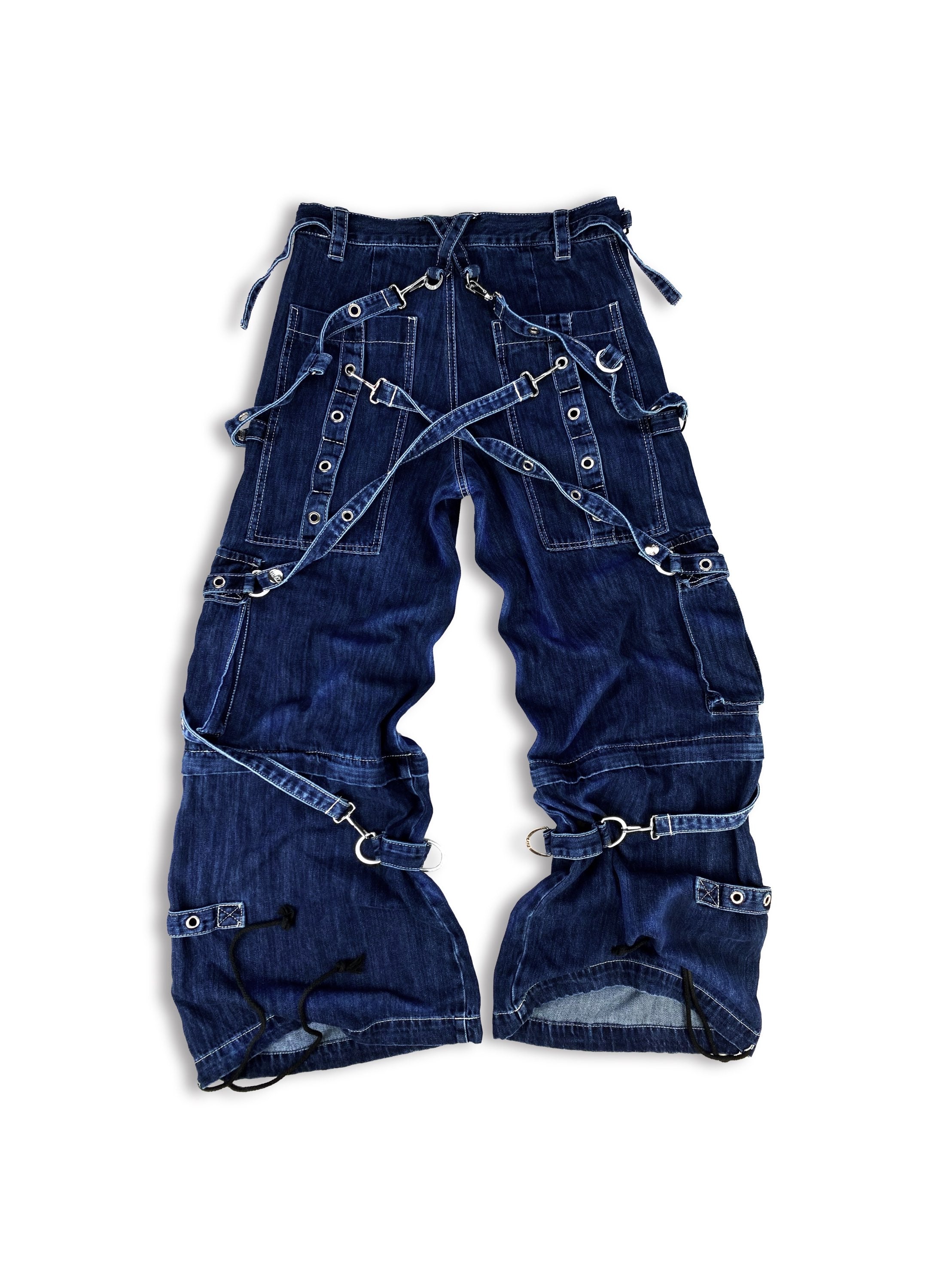 00s Tripp NYC ‘Raver’ Bondage Strap Flared Cut Indigo Denim