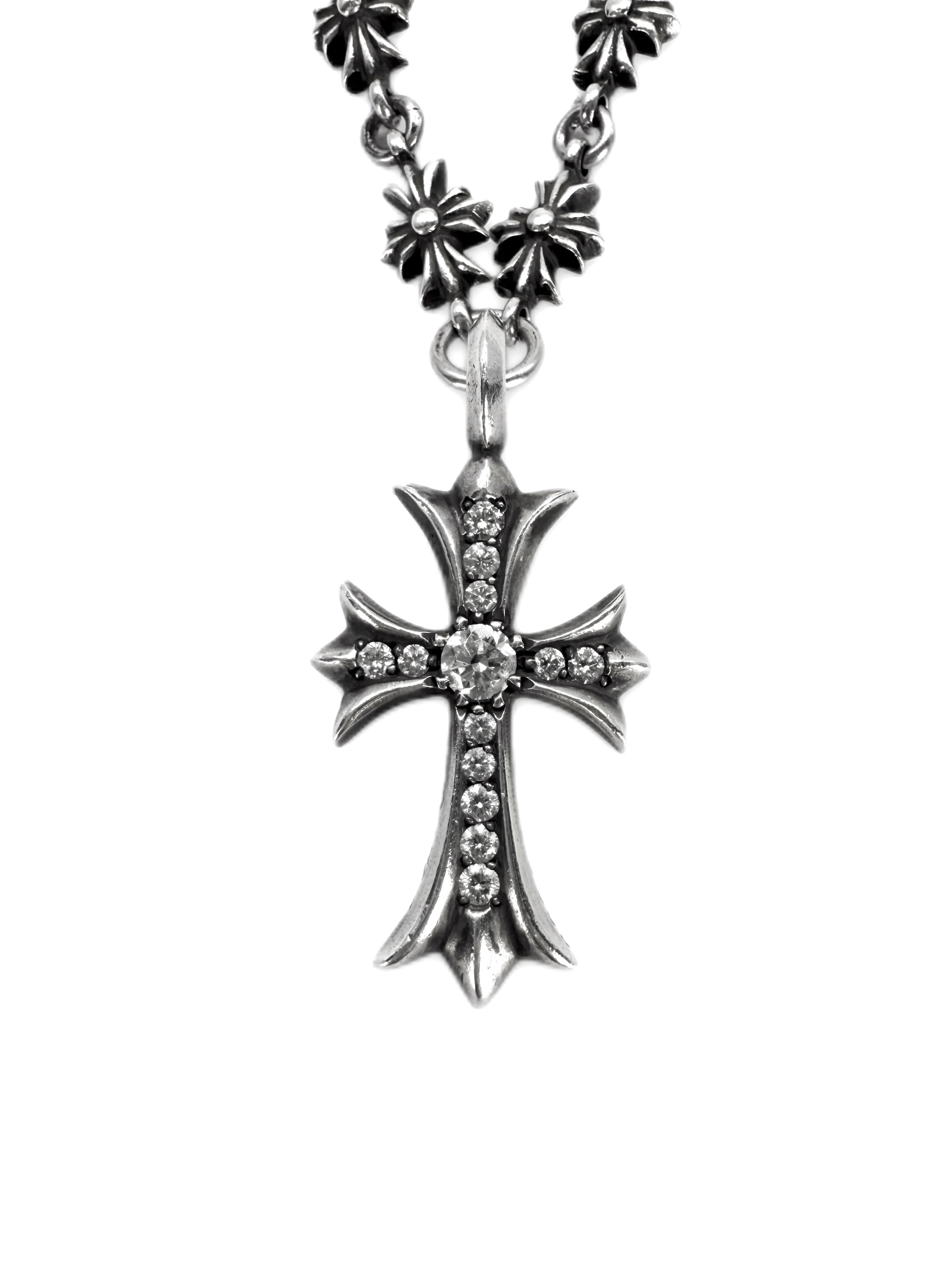 Chrome Hearts Pavé Diamond Tiny E’ 18 in Cross Necklace