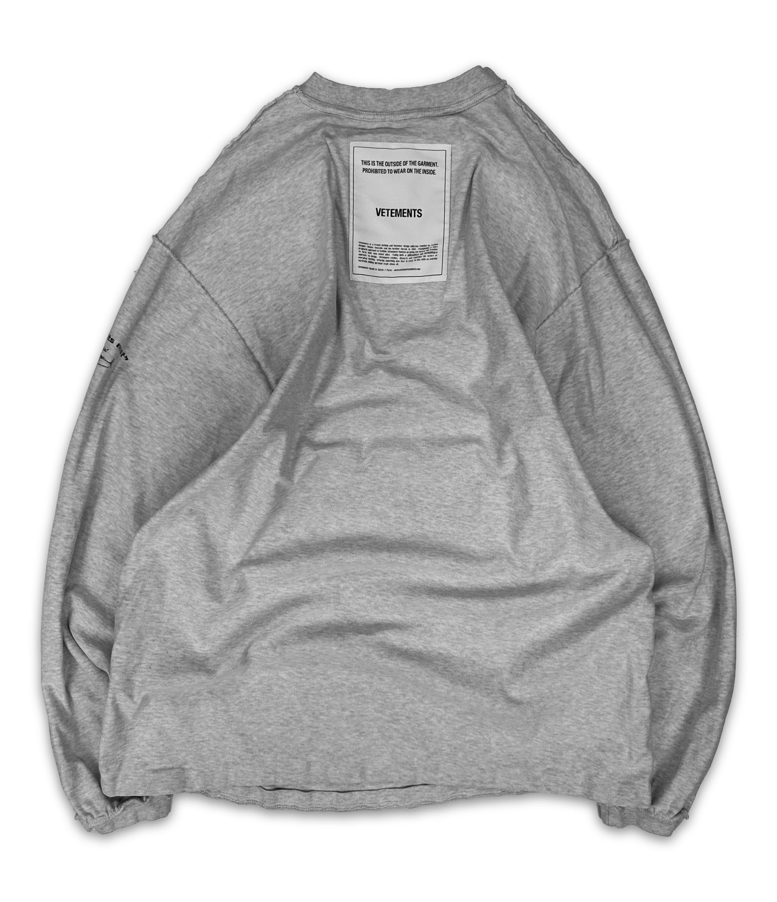 AW19 Vêtements ‘Inside Out’ Tag Grey Oversized Long Sleeve Shirt