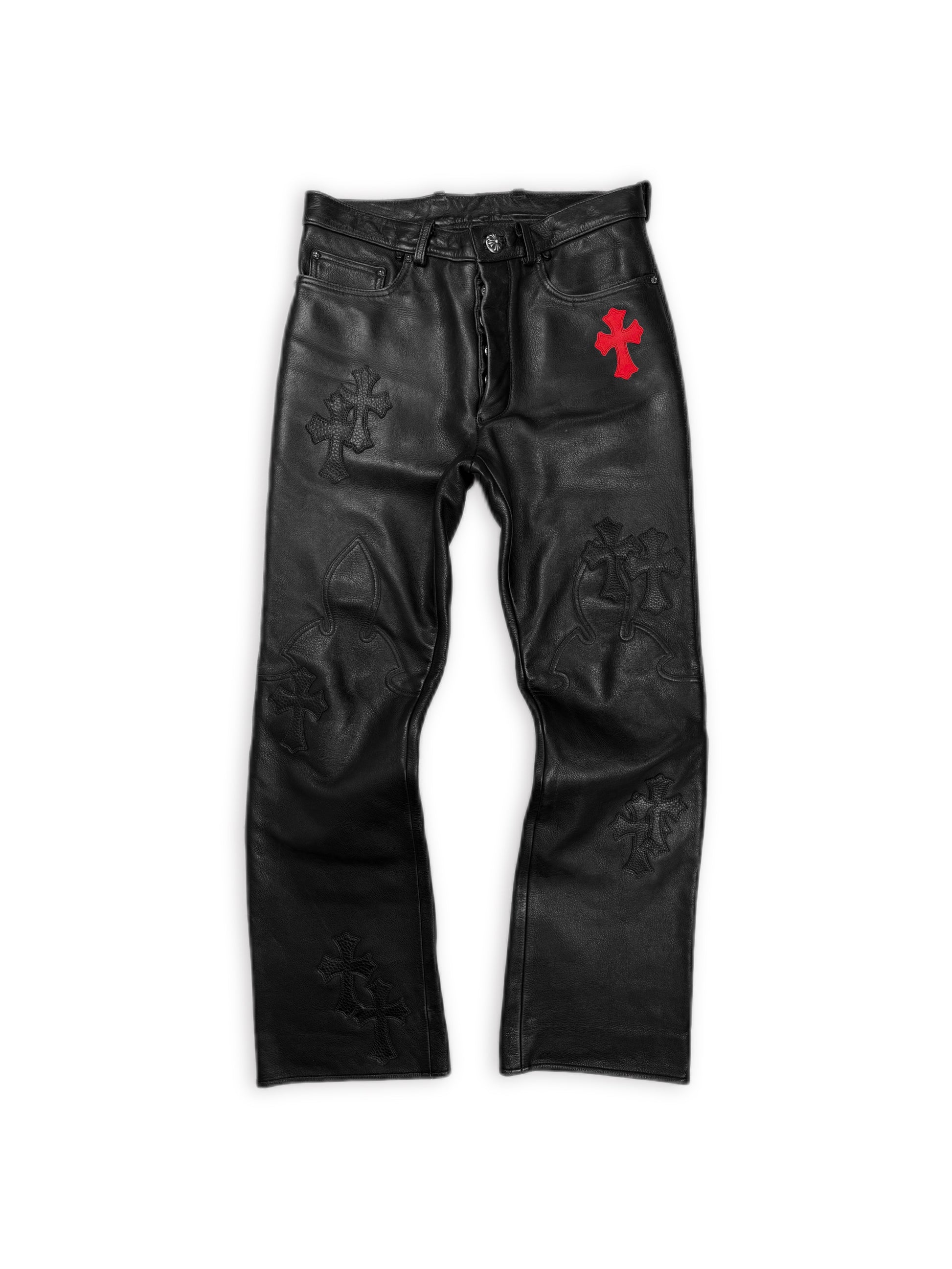 Chrome Hearts Red 20 Cross Patch Fleur Knee Black Leather Pants