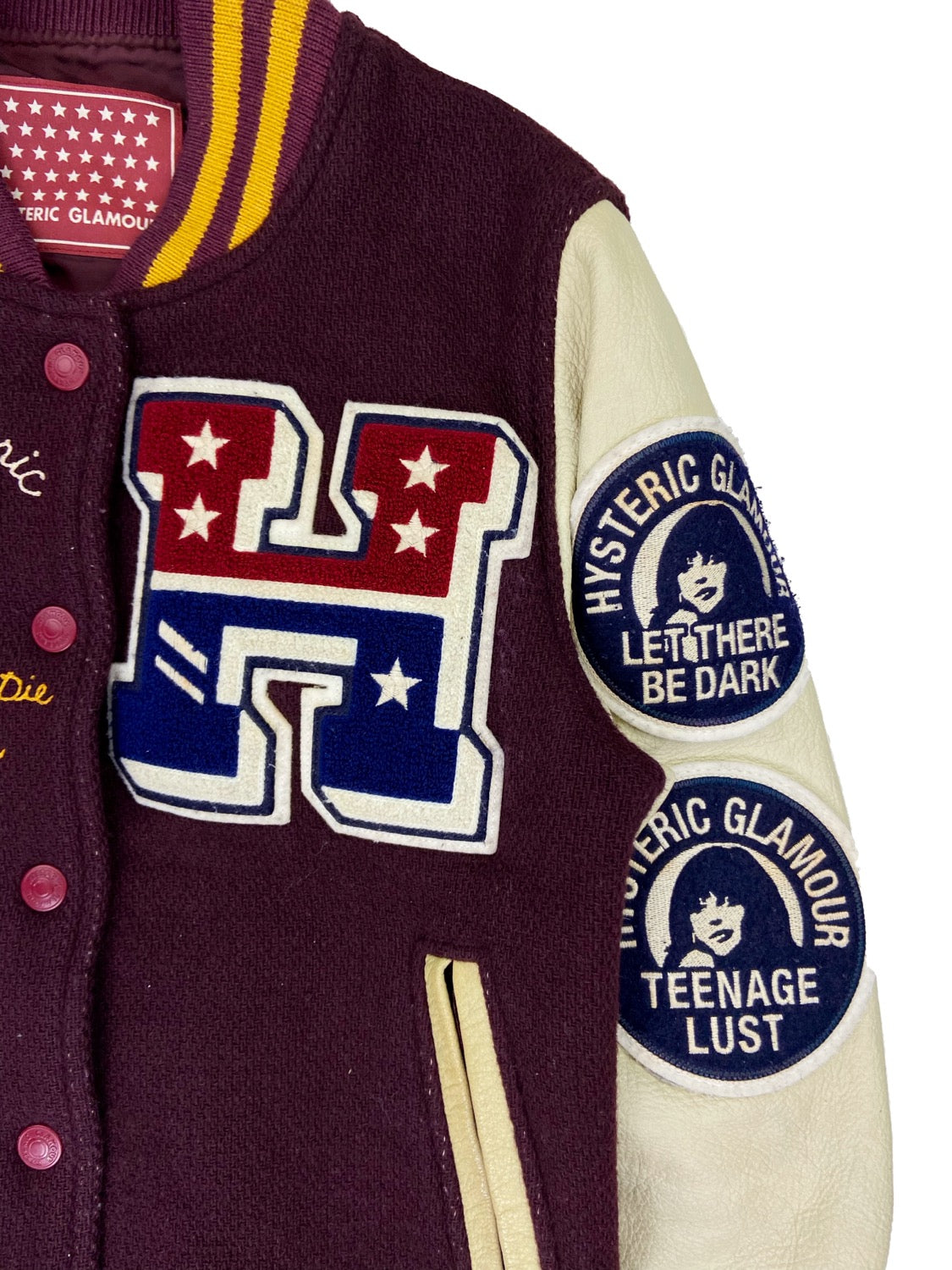 Hysteric Glamour “Detroit” Maroon Patched Leather Varsity Jacket