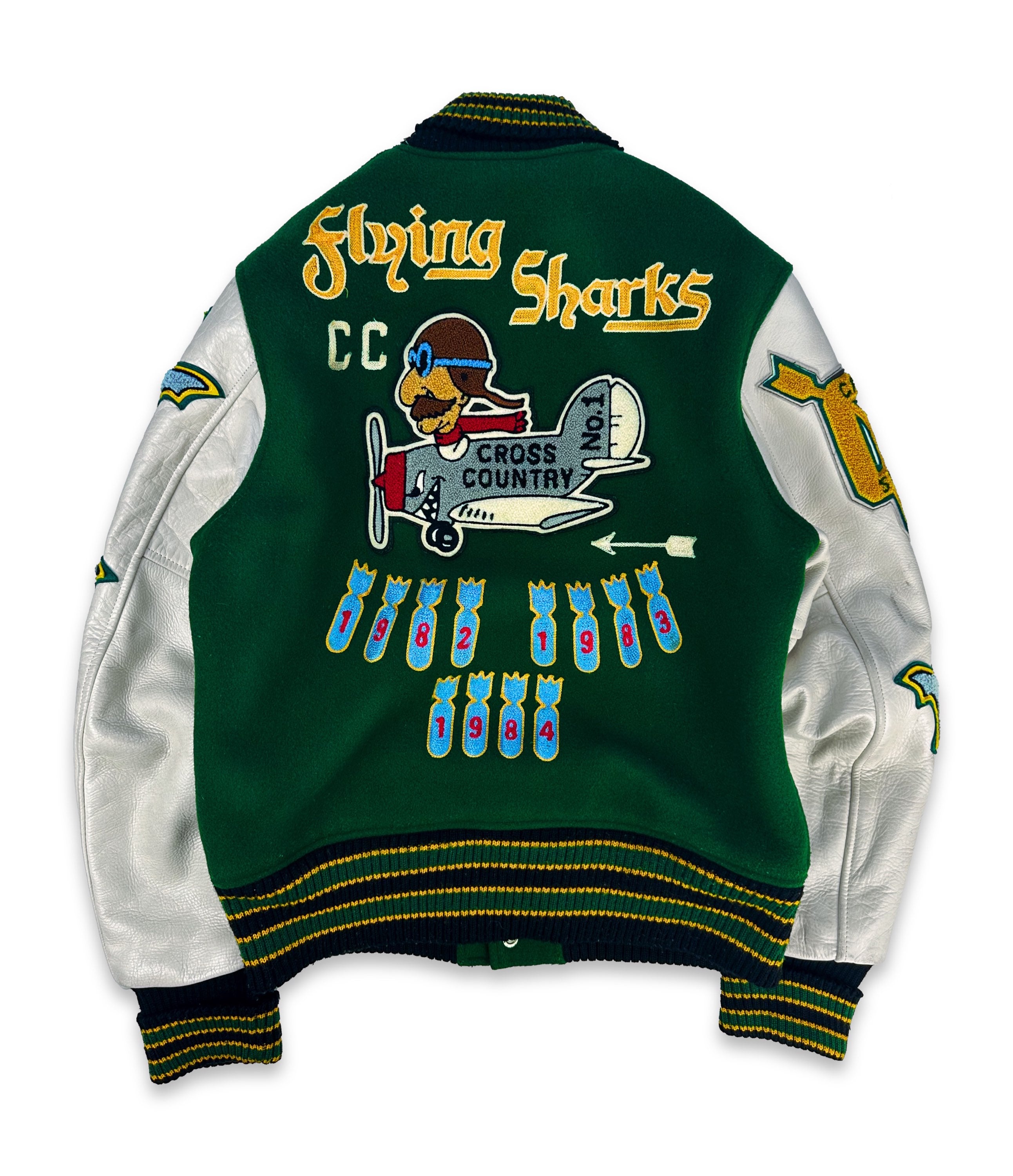 00s Whitesville ‘Flying Sharks’ Leather Chenille Patched Varsity Jacket