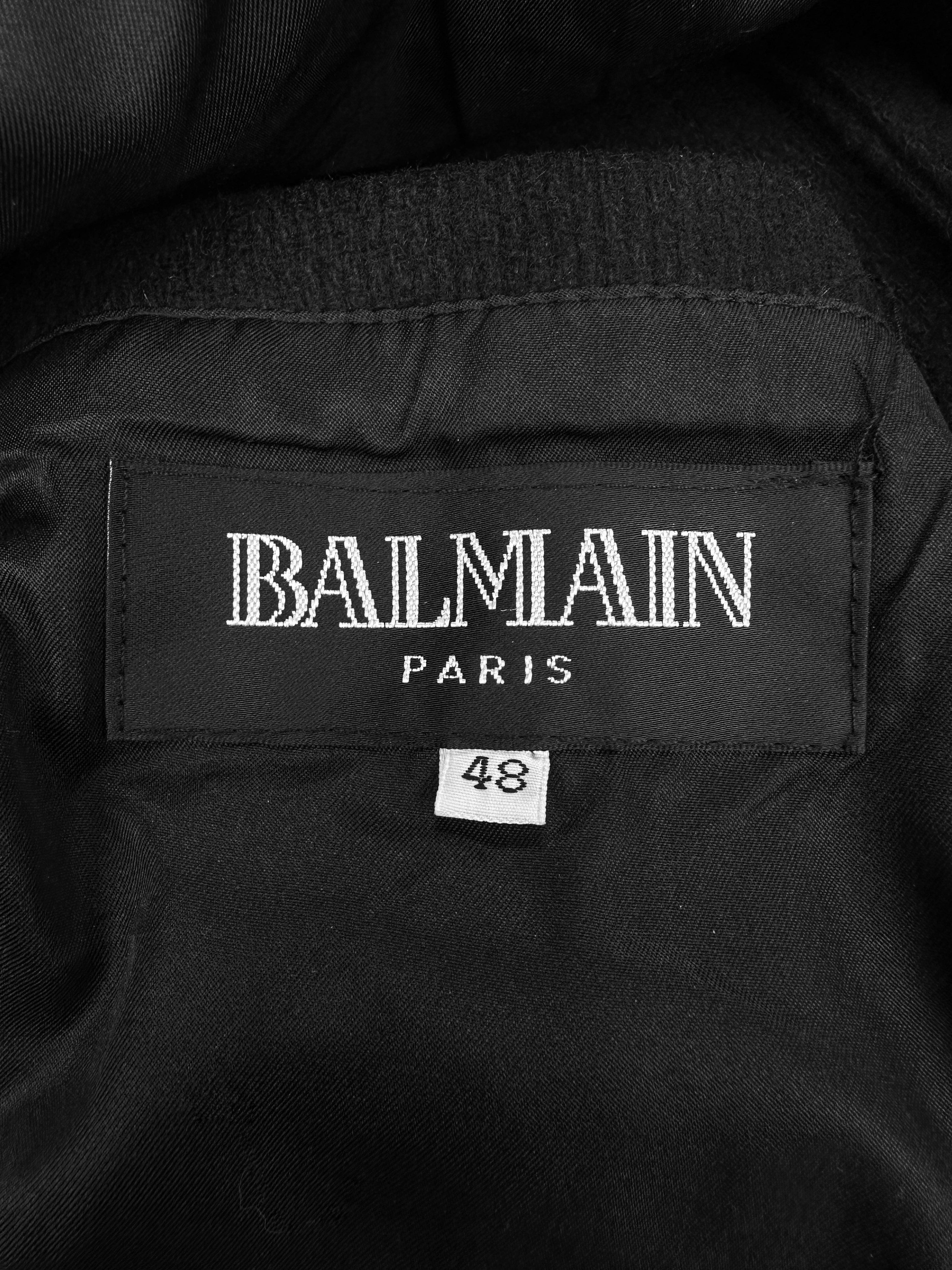 00s Balmain Puffer Sleeve Black Wool Long Coat