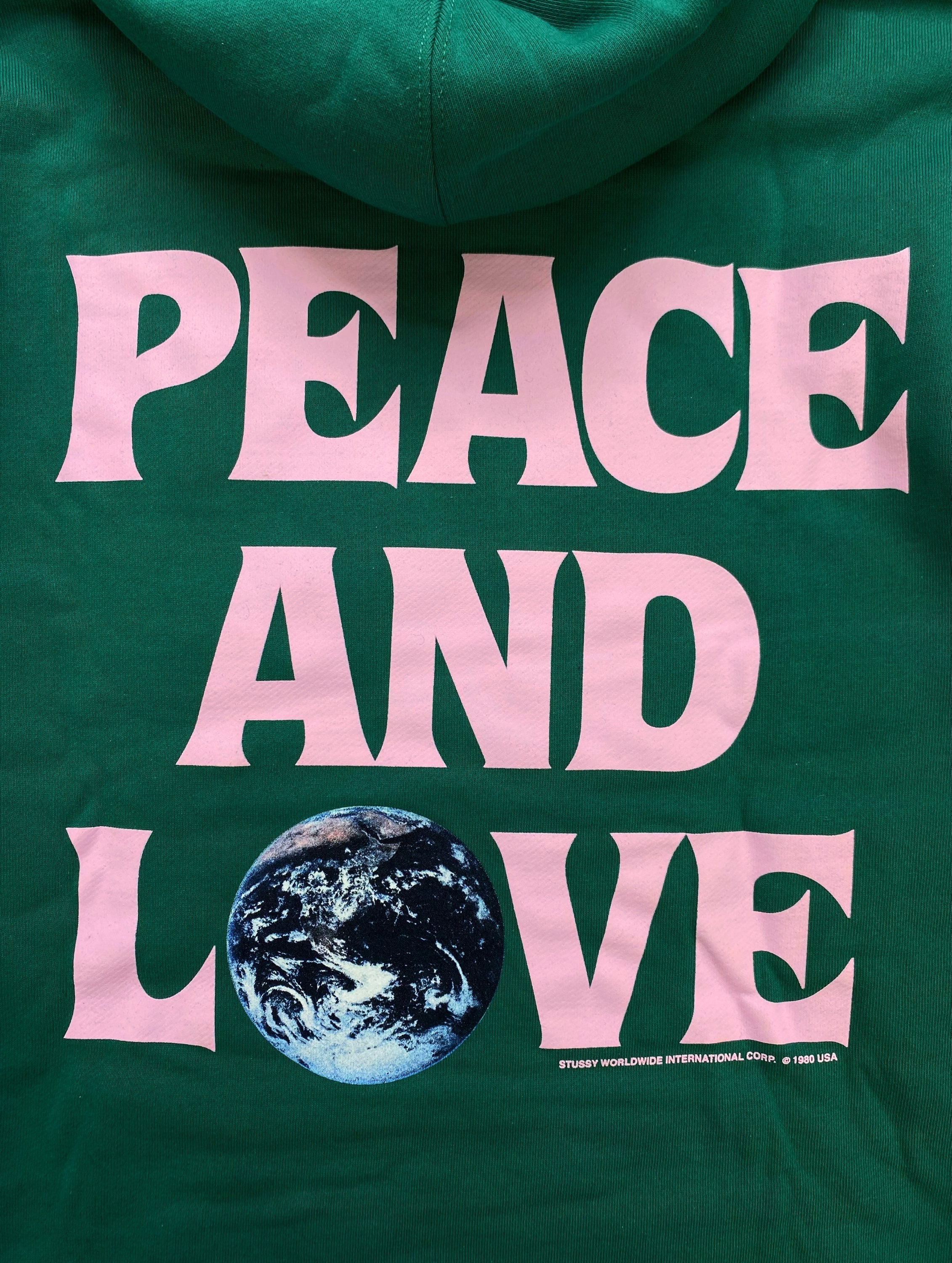 Stüssy “Peace and Love” Forest Green Back Logo Hoodie