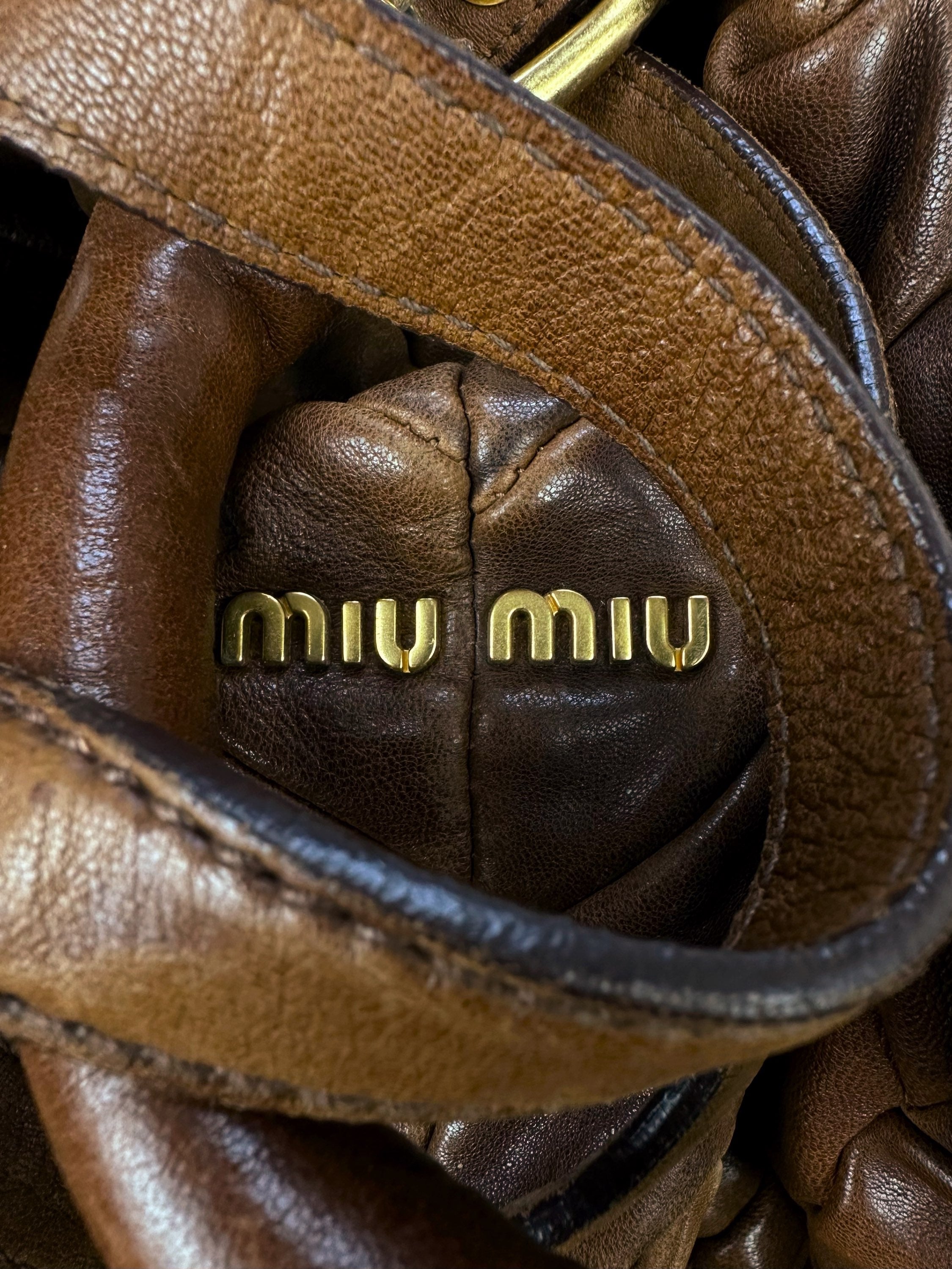 00s Miu Miu Brown Leather Metallic XL Handbag
