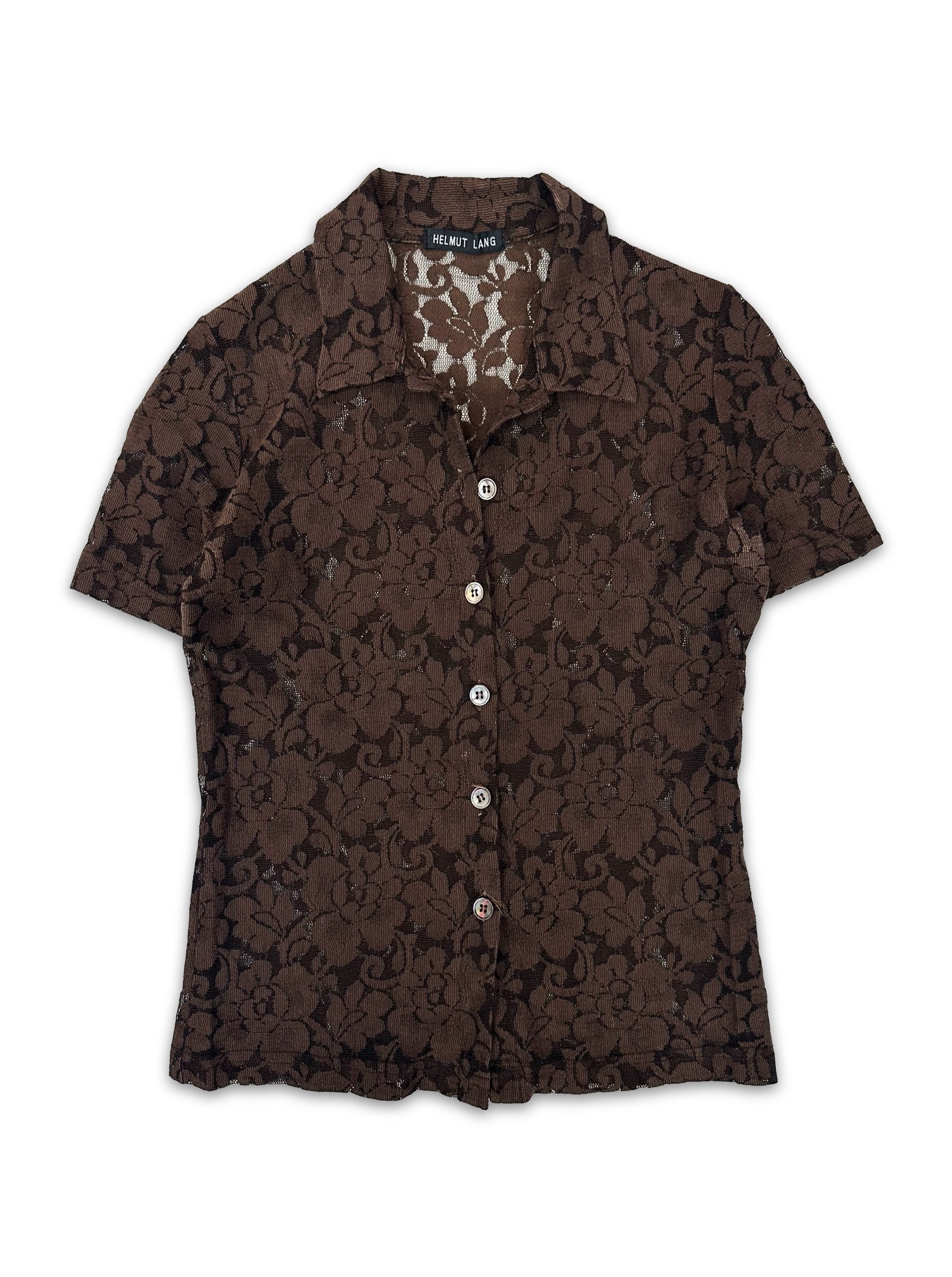 90s Helmut Lang Floral Lace Collared Short Sleeve Shirt