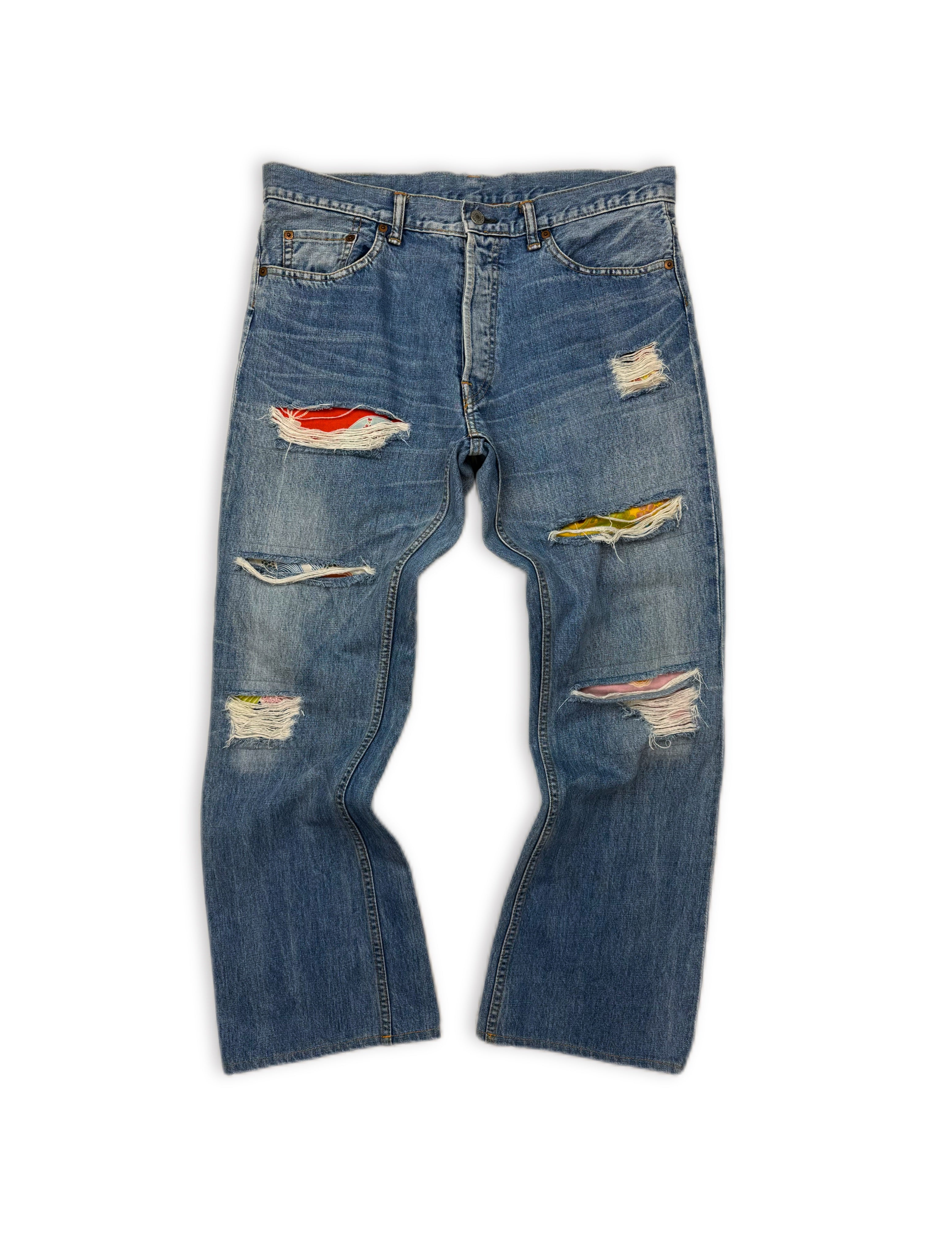 Y’s For Men Patchwork Distressed Light Wash Blue Boot Cut Denim