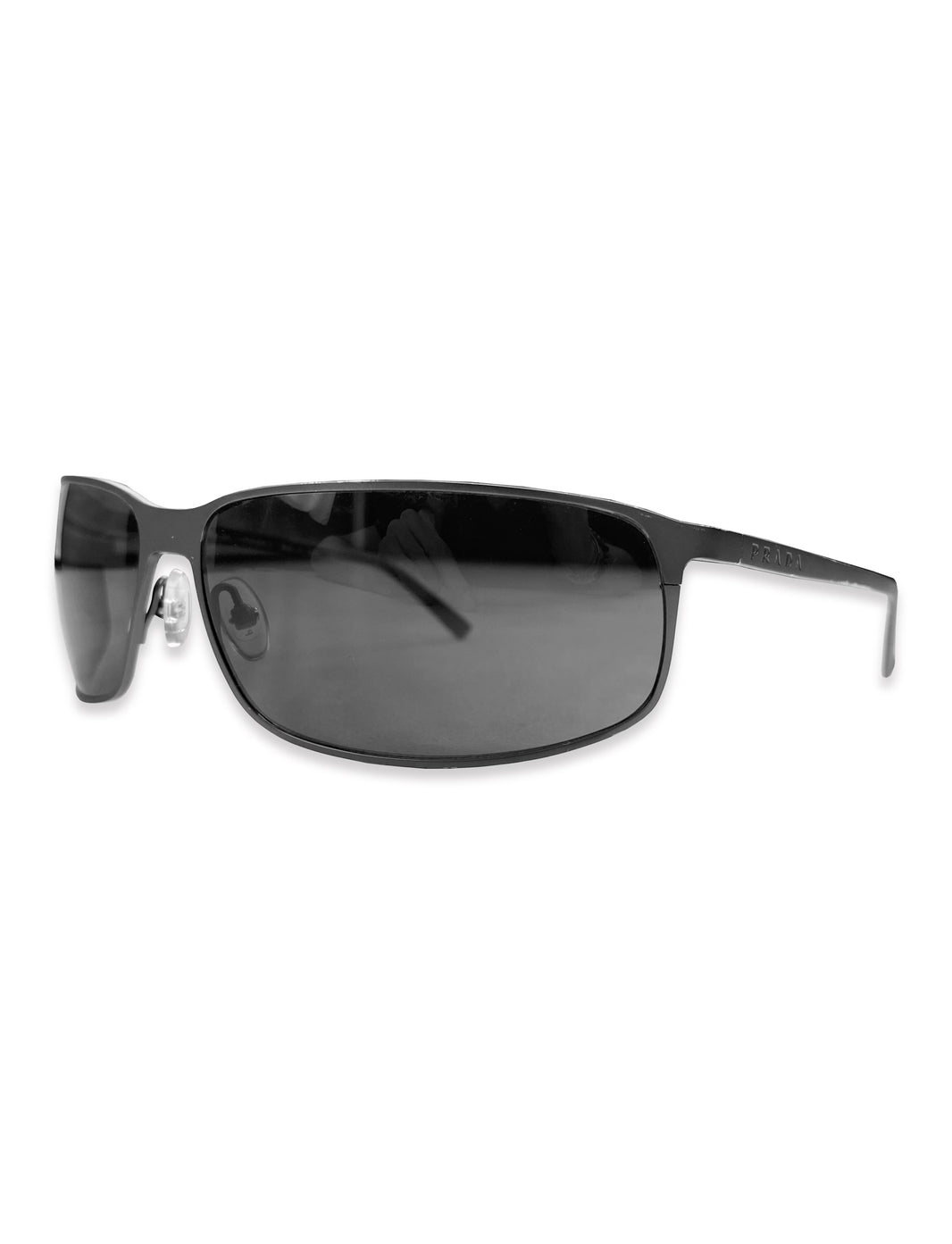 Prada Titanium Gun Metal Dark Tint Engraved Sunglasses