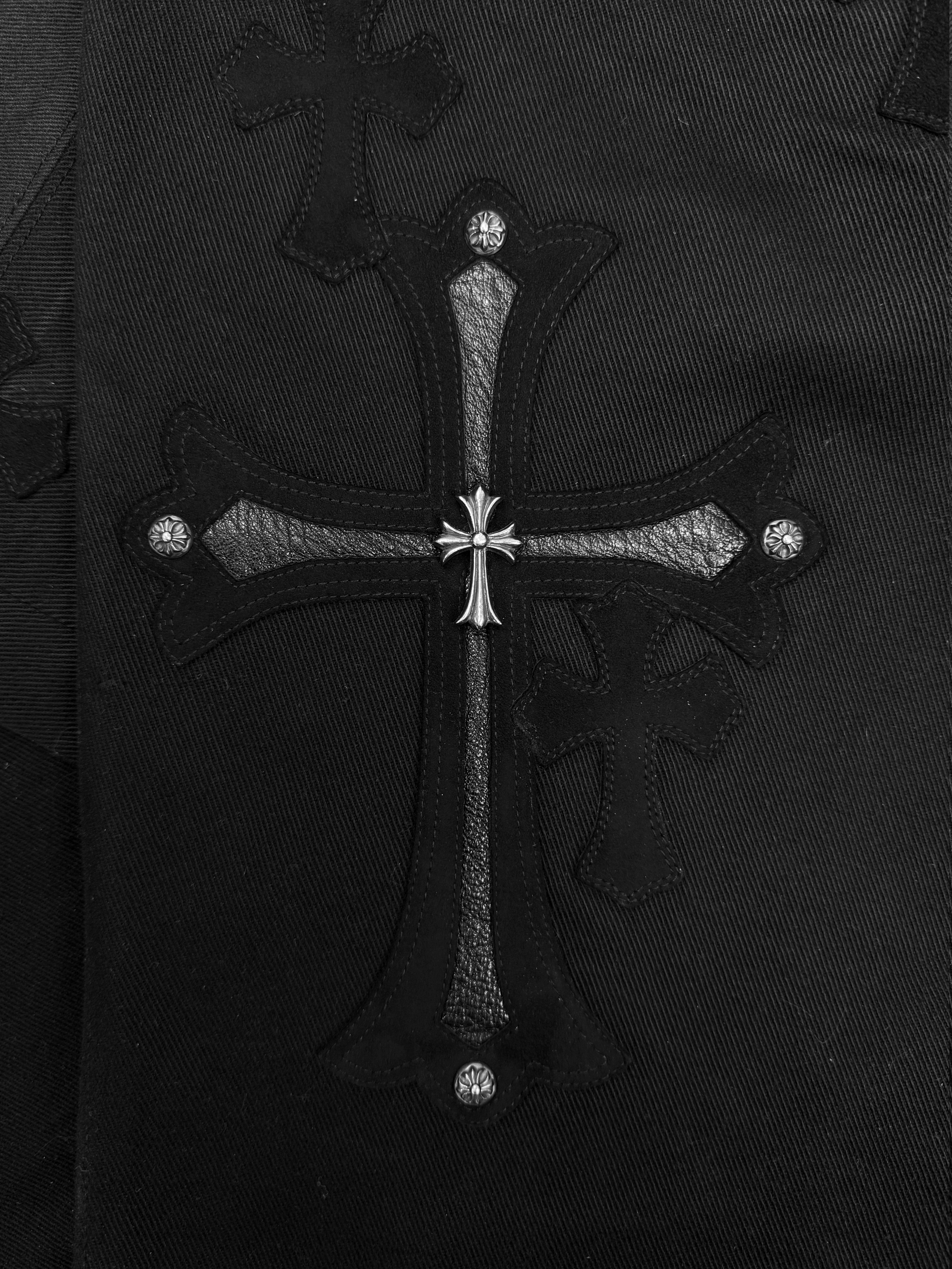 Chrome Hearts XL 46 Silver Cross Patch Fleur Knee Suede Black Denim