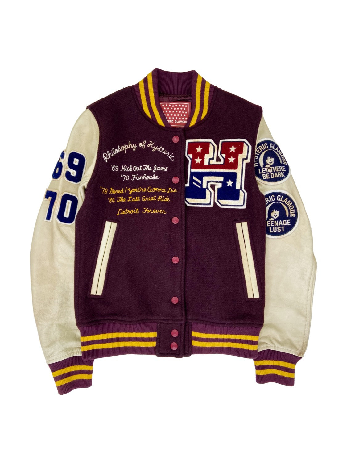 Hysteric Glamour “Detroit” Maroon Patched Leather Varsity Jacket
