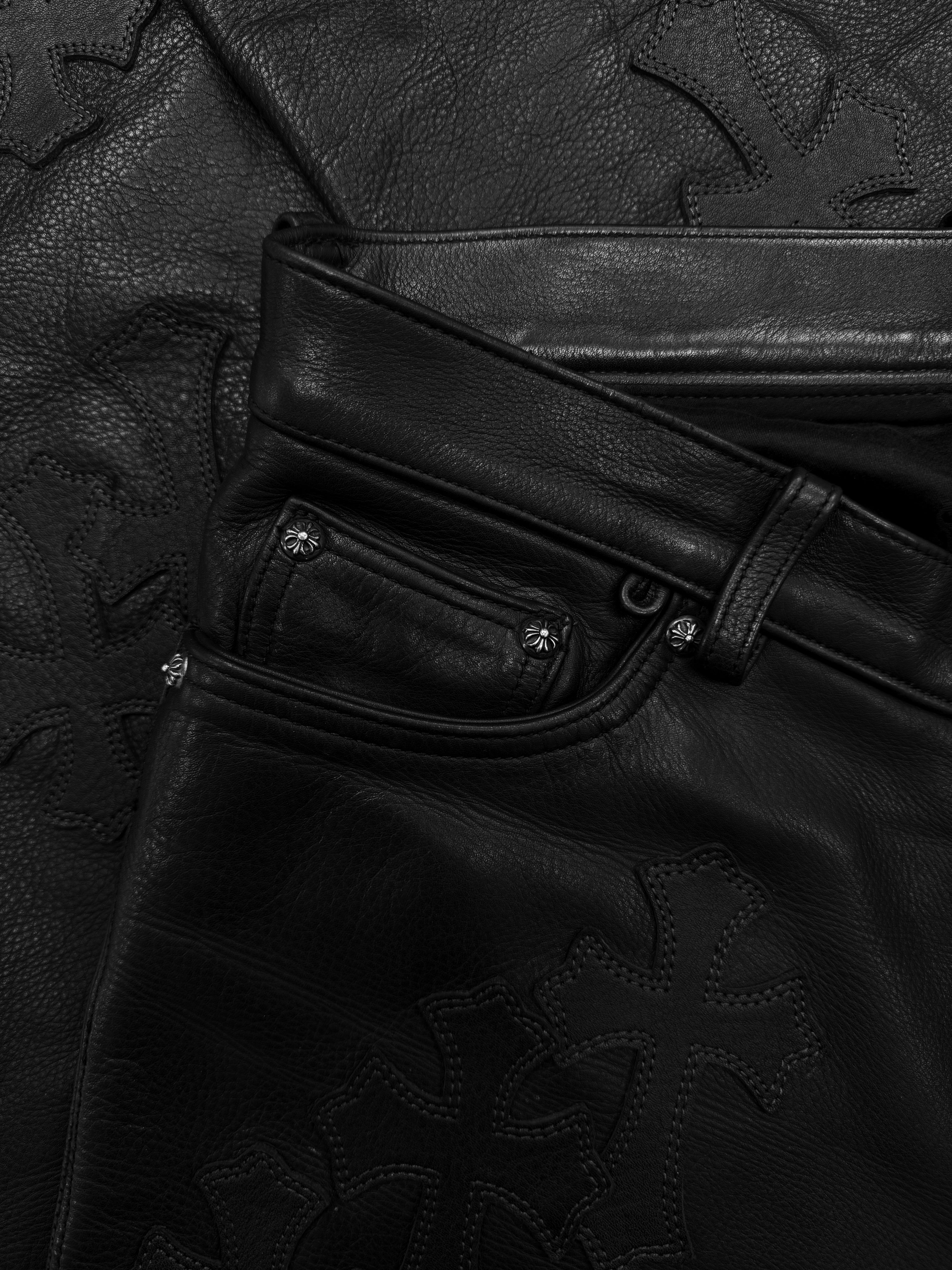 Chrome Hearts 48 Cross Star Patch Fleur Knee Leather Pants