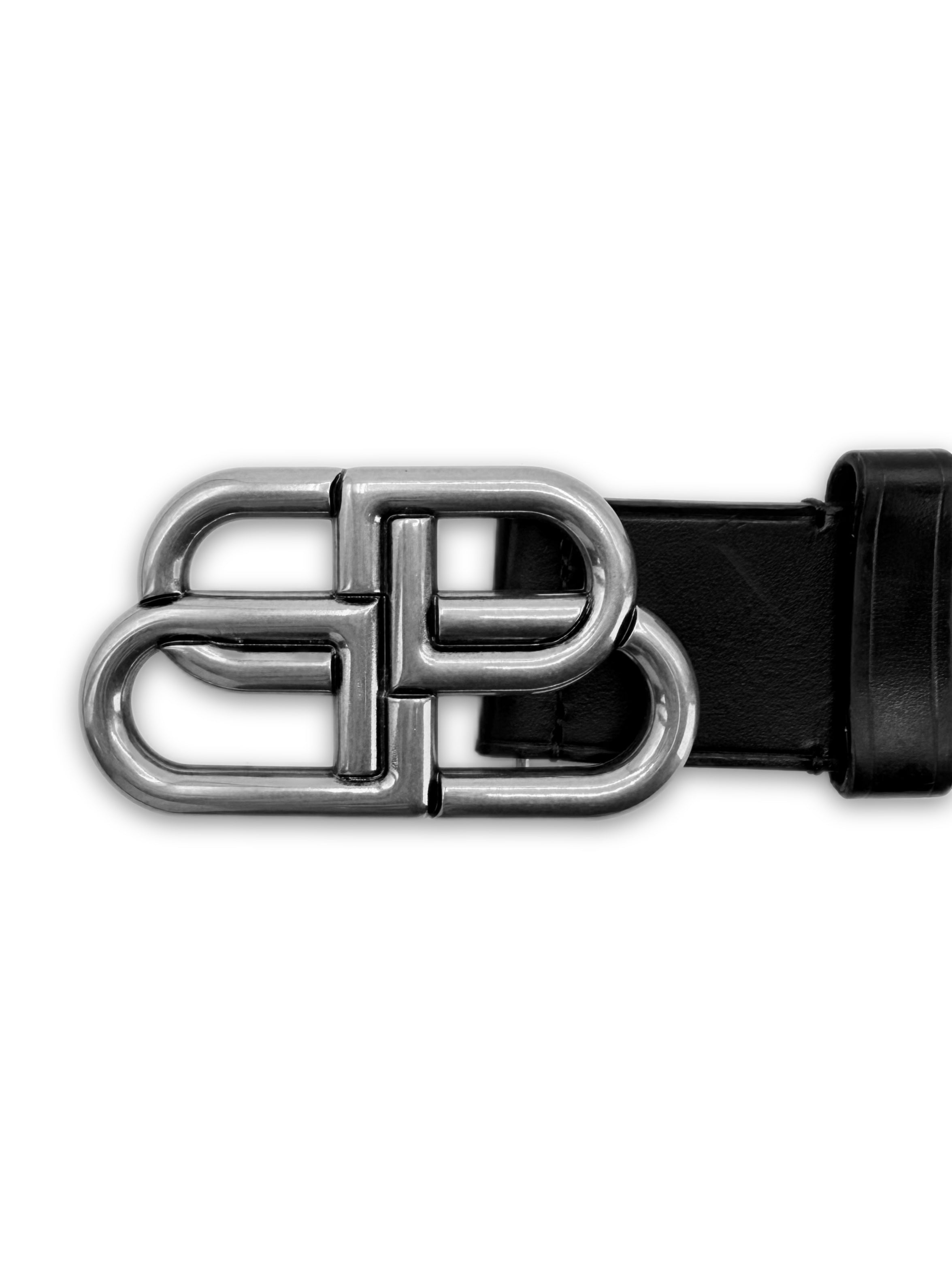 Balenciaga BB Logo Silver Buckle Black Leather Belt