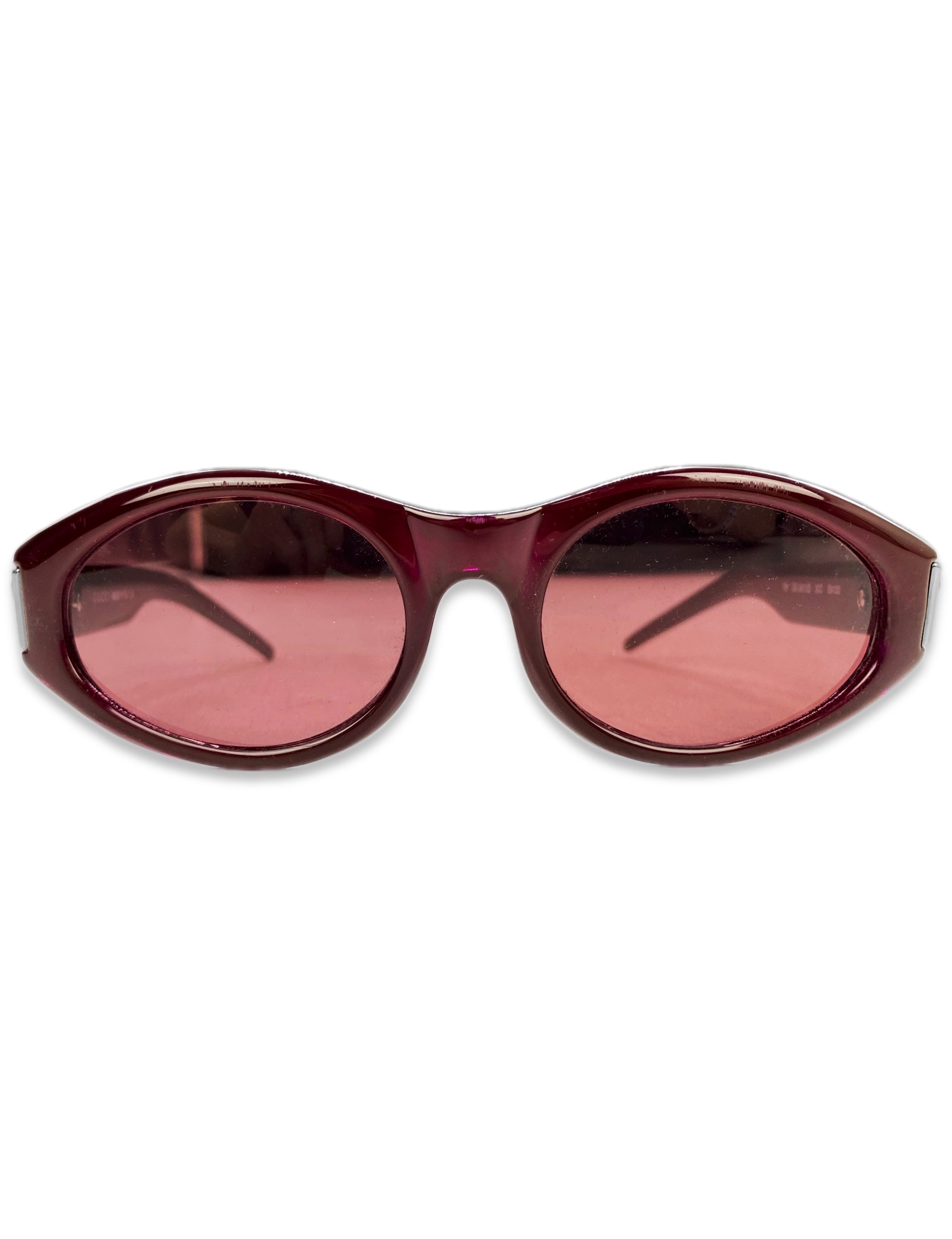 Gucci Blood Red Oval Frame Metallic Etched Rose Tint Sunglasses