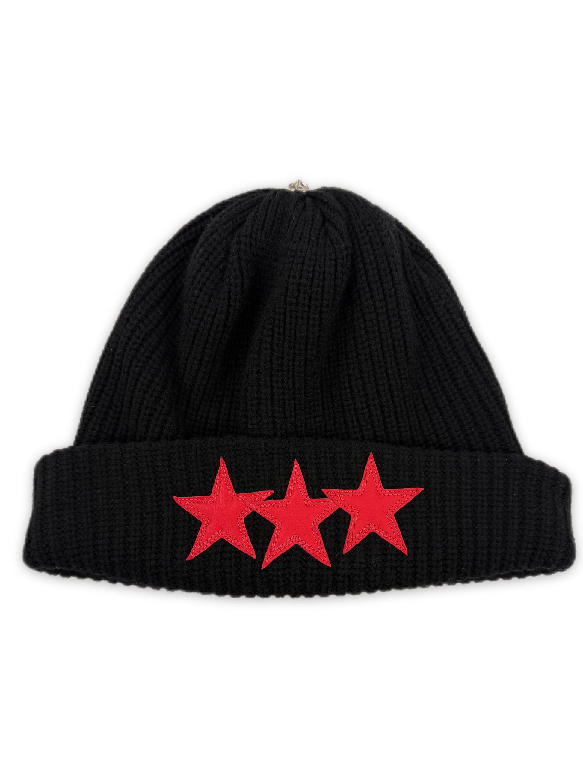 Chrome Hearts Triple Star Patch Black Ribbed .925 Silver Beanie