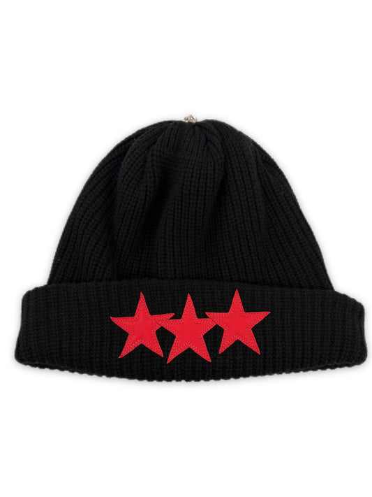 Chrome Hearts Triple Star Patch Black Ribbed .925 Silver Beanie