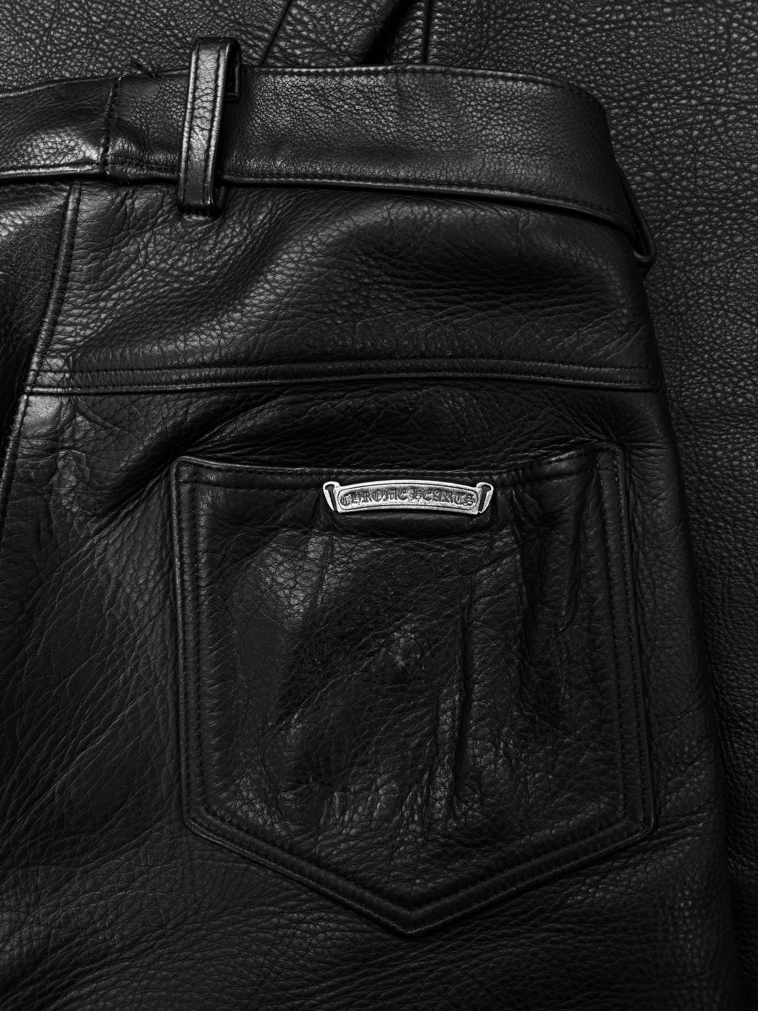 Chrome Hearts Fleur Knee Black Calfskin Leather Flared Pants