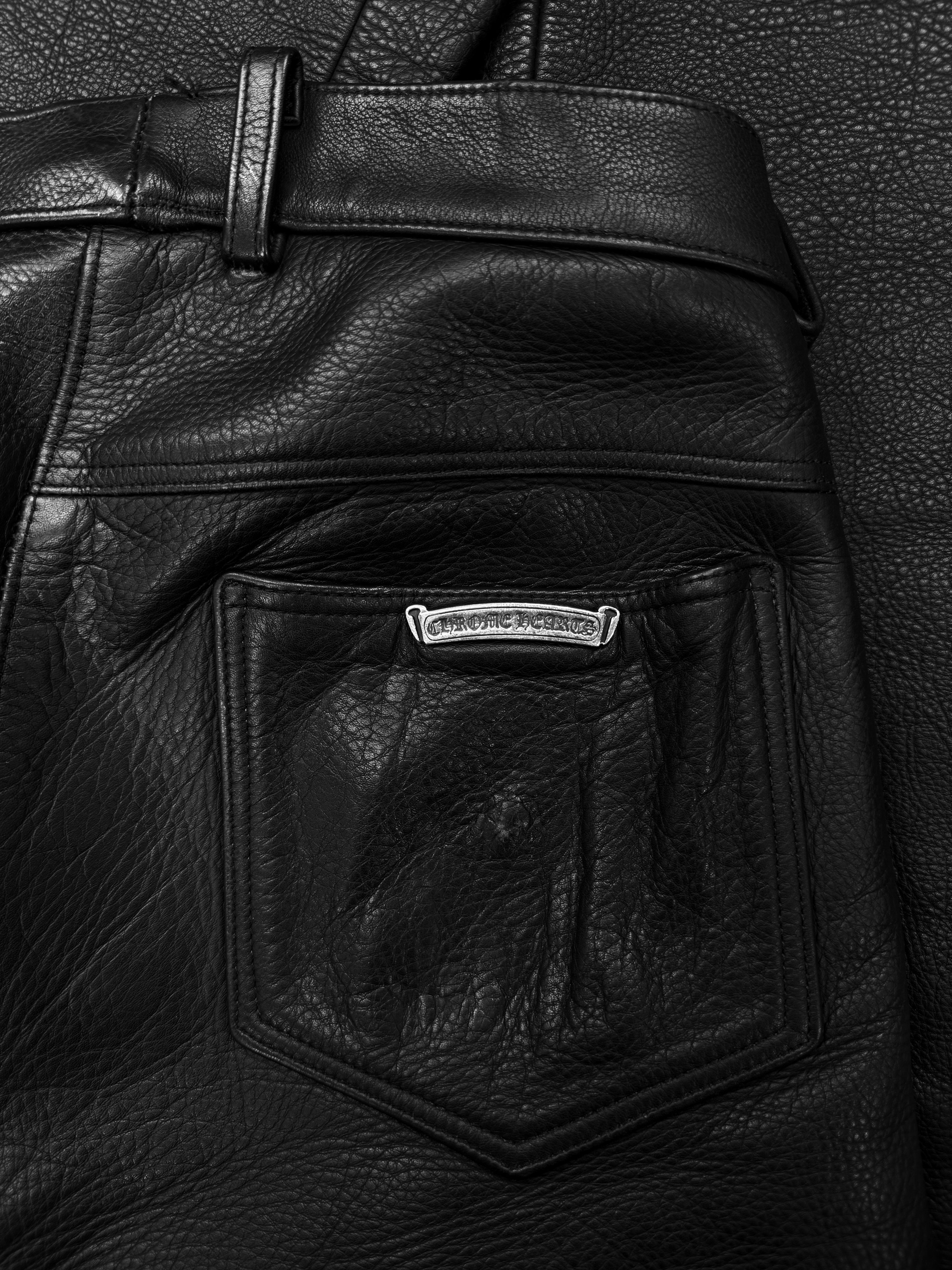 Chrome Hearts Fleur Knee Black Calfskin Leather Flared Pants