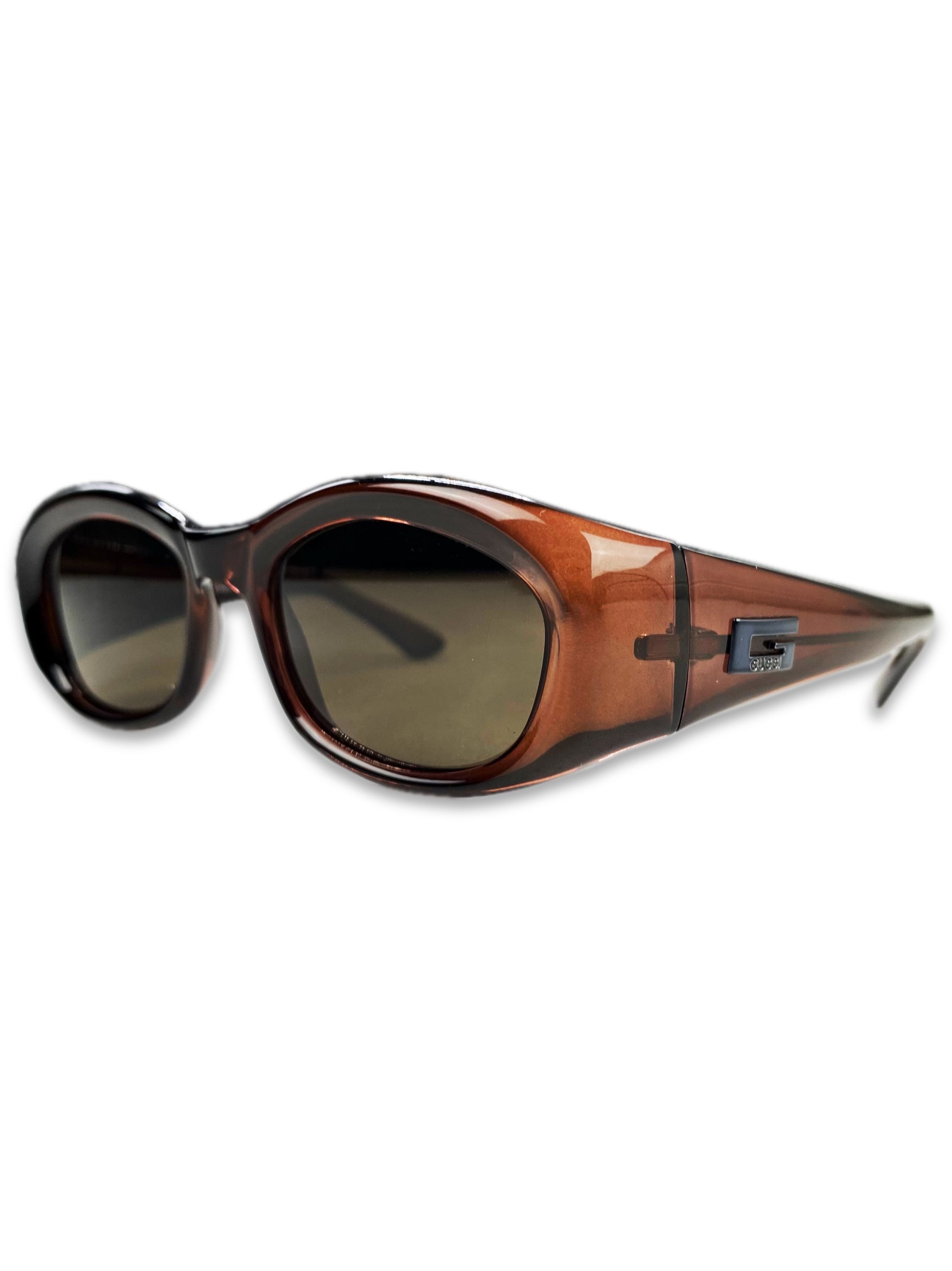 Gucci Warm Tint G Logo Metallic Dark Brown Oval Frame Sunglasses