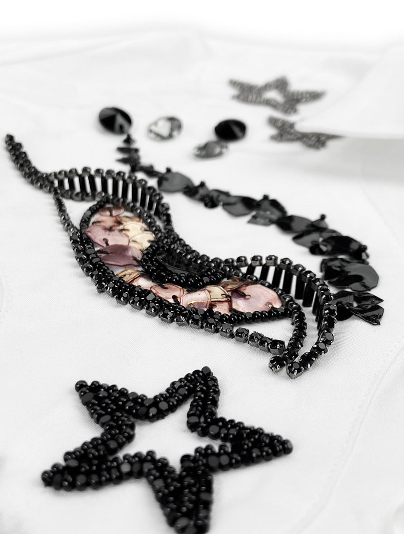 SS15 Miu Miu 3D Beaded Eyes Dagger Collar Patched Button Up
