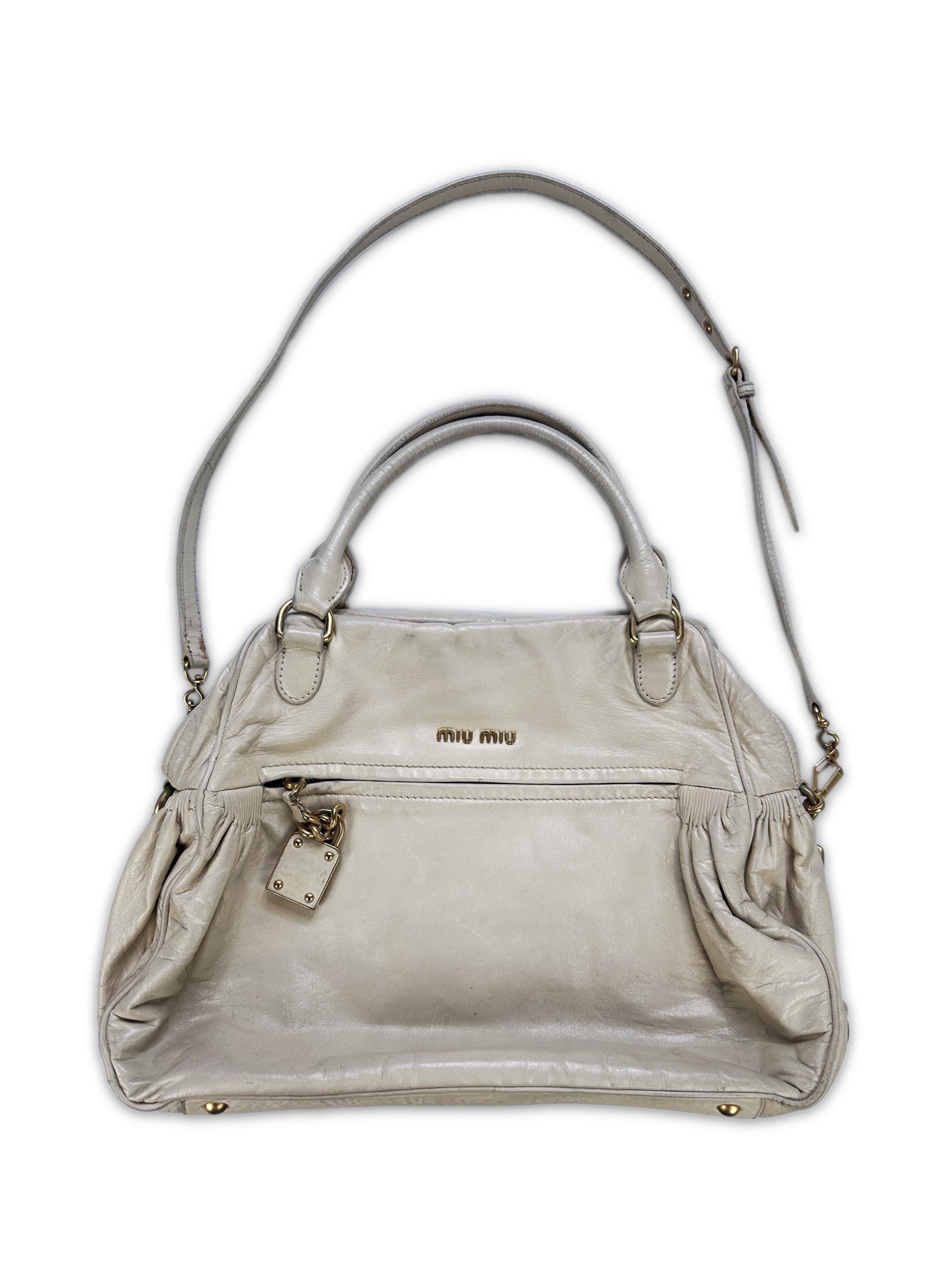 00s Miu Miu Gold ‘Key &amp; Lock’ White Leather Handbag