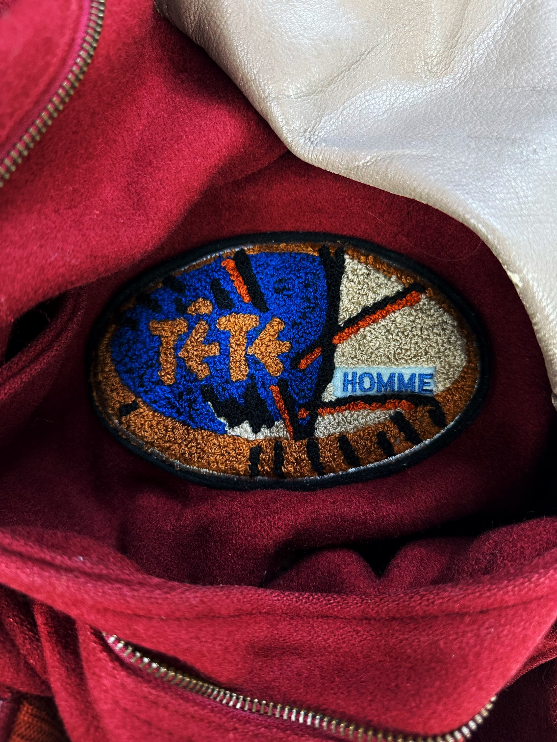 00s Tete Homme Cherry Red Patched Leather Varsity Jacket