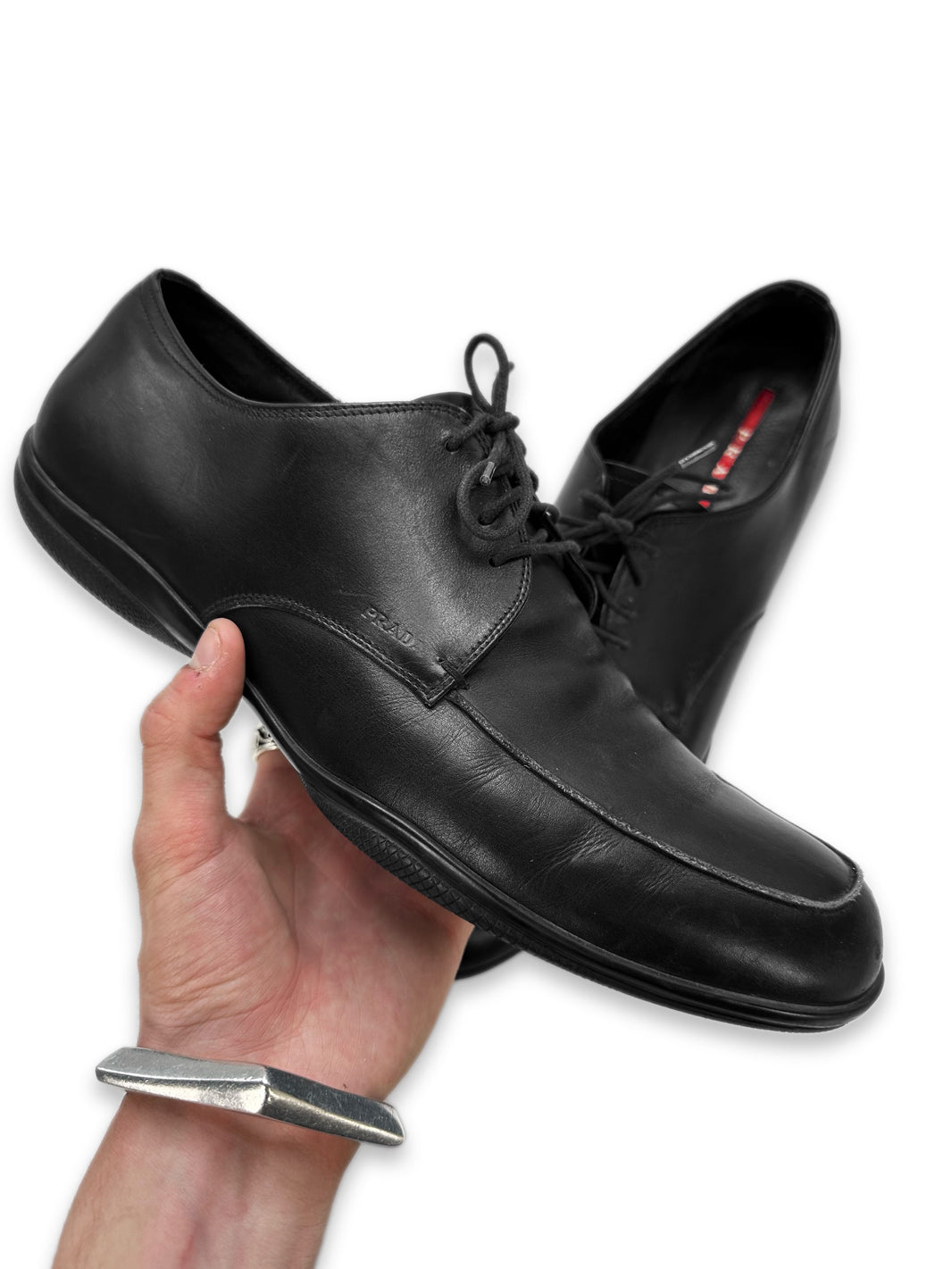00s Prada Linea Rossa Black Leather Embossed Oxford Loafers