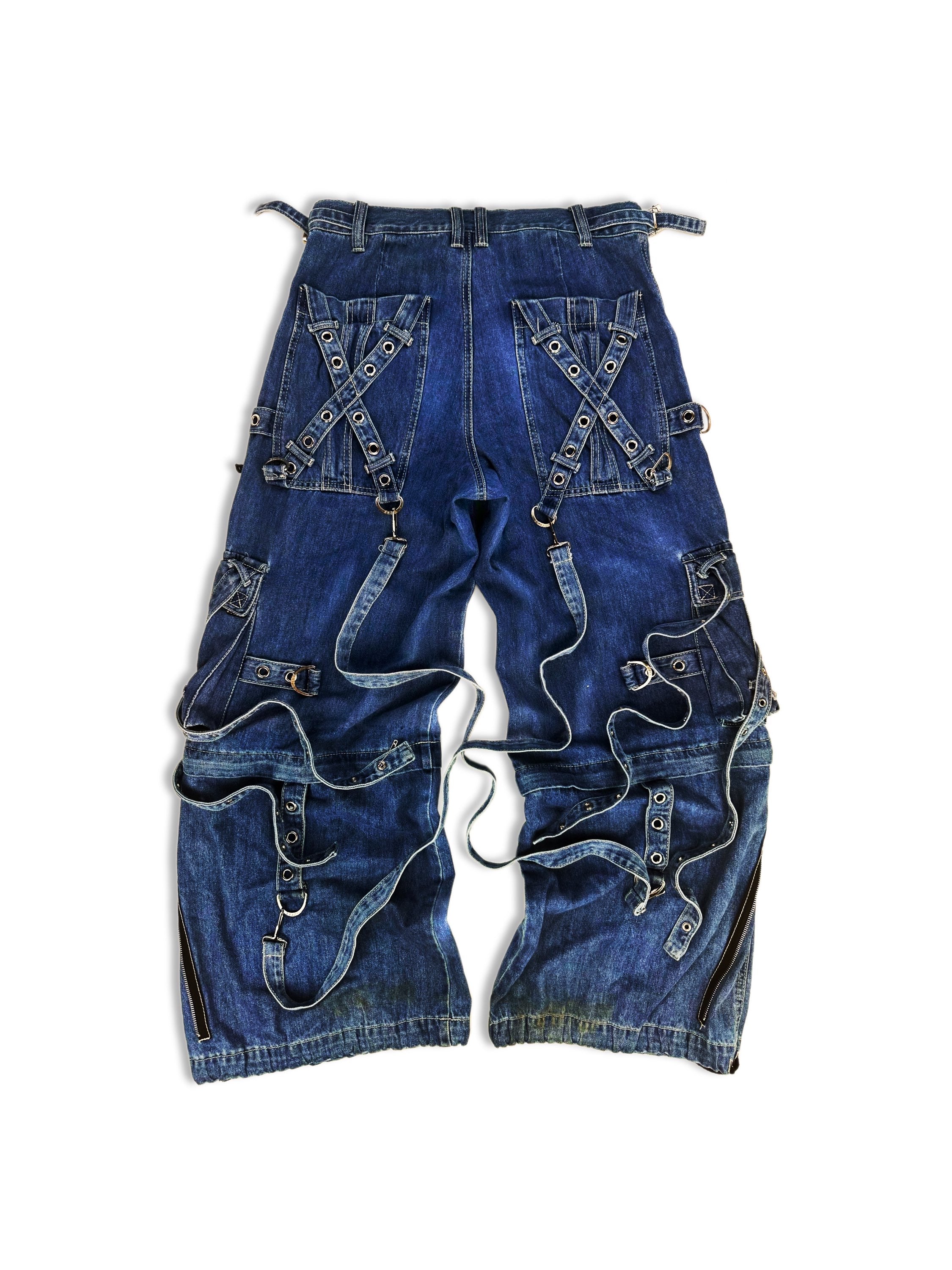 00s Tripp NYC ‘Raver’ Bondage Strap Flared Cut Indigo Denim