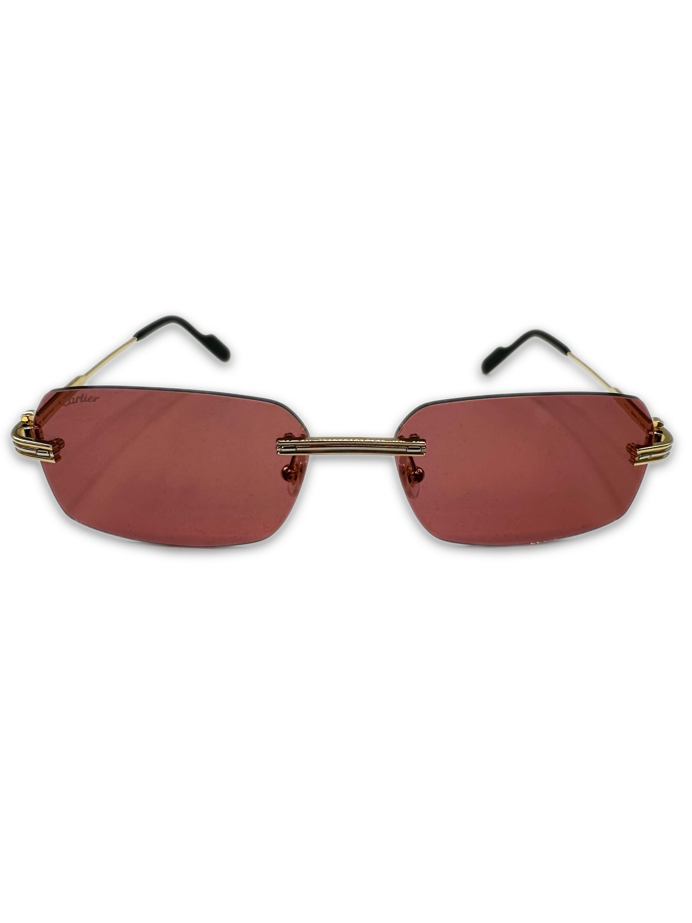 Cartier Gold Wire Frame Rimless Red Tint Sunglasses