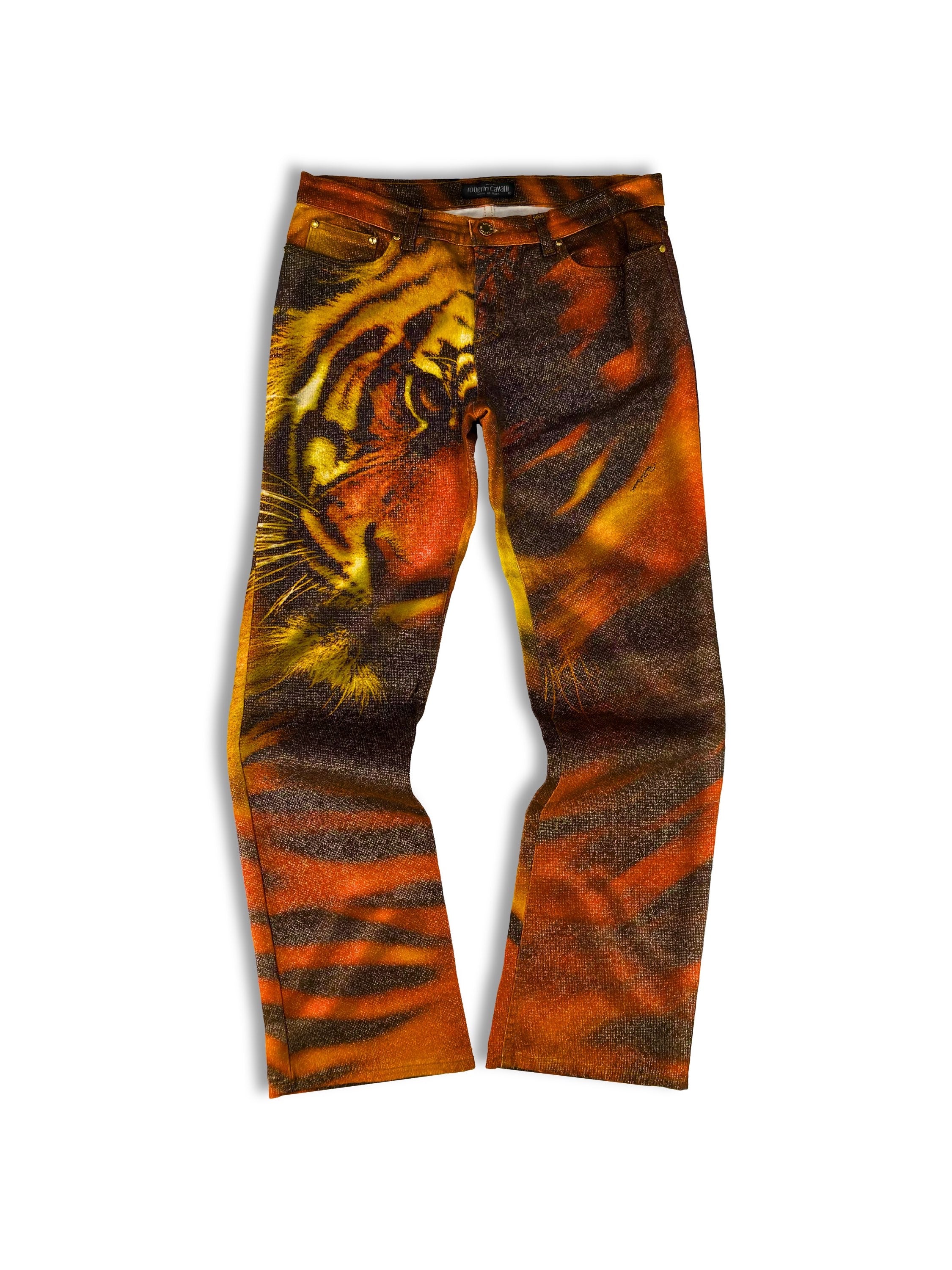 AW00 Roberto Cavalli ‘Tiger’ Full Print Glitter Denim Jeans
