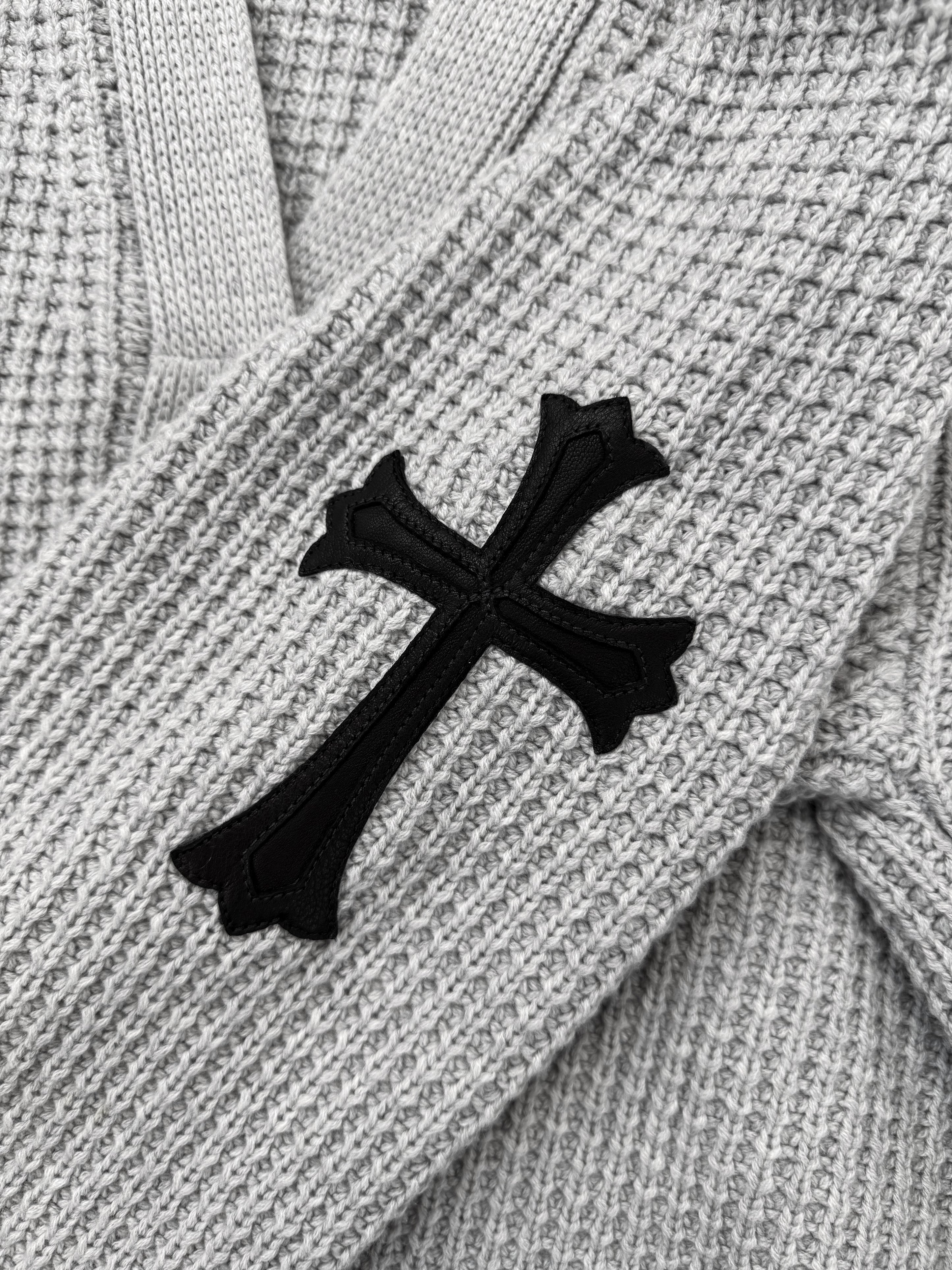 Chrome Hearts Hit & Run Cross Patch Heavy Weight Grey Knit Cardigan Sweater