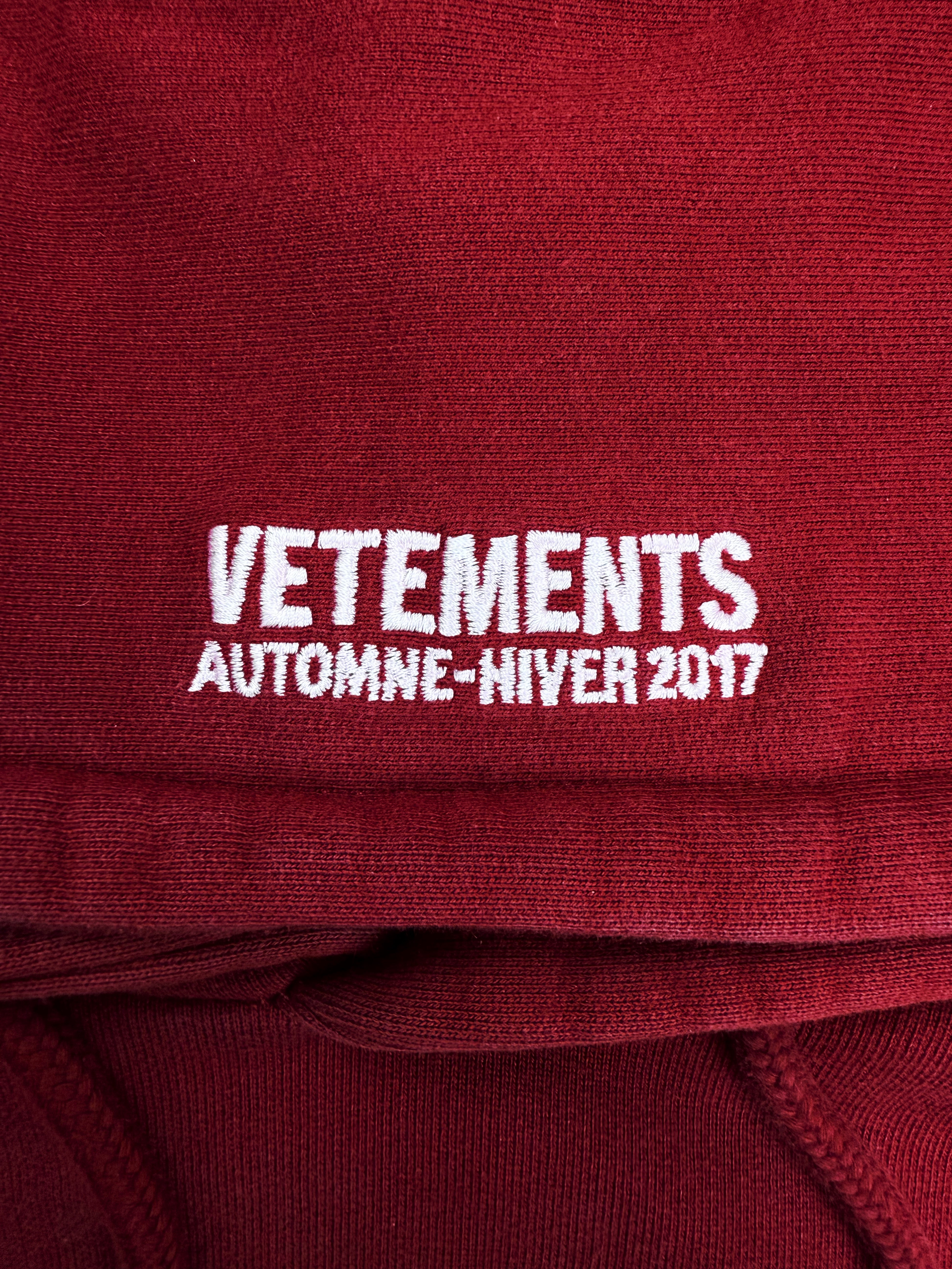 AW17 Vetements Homme ‘Bridges I Burn’ Burgundy Slogan Hoodie