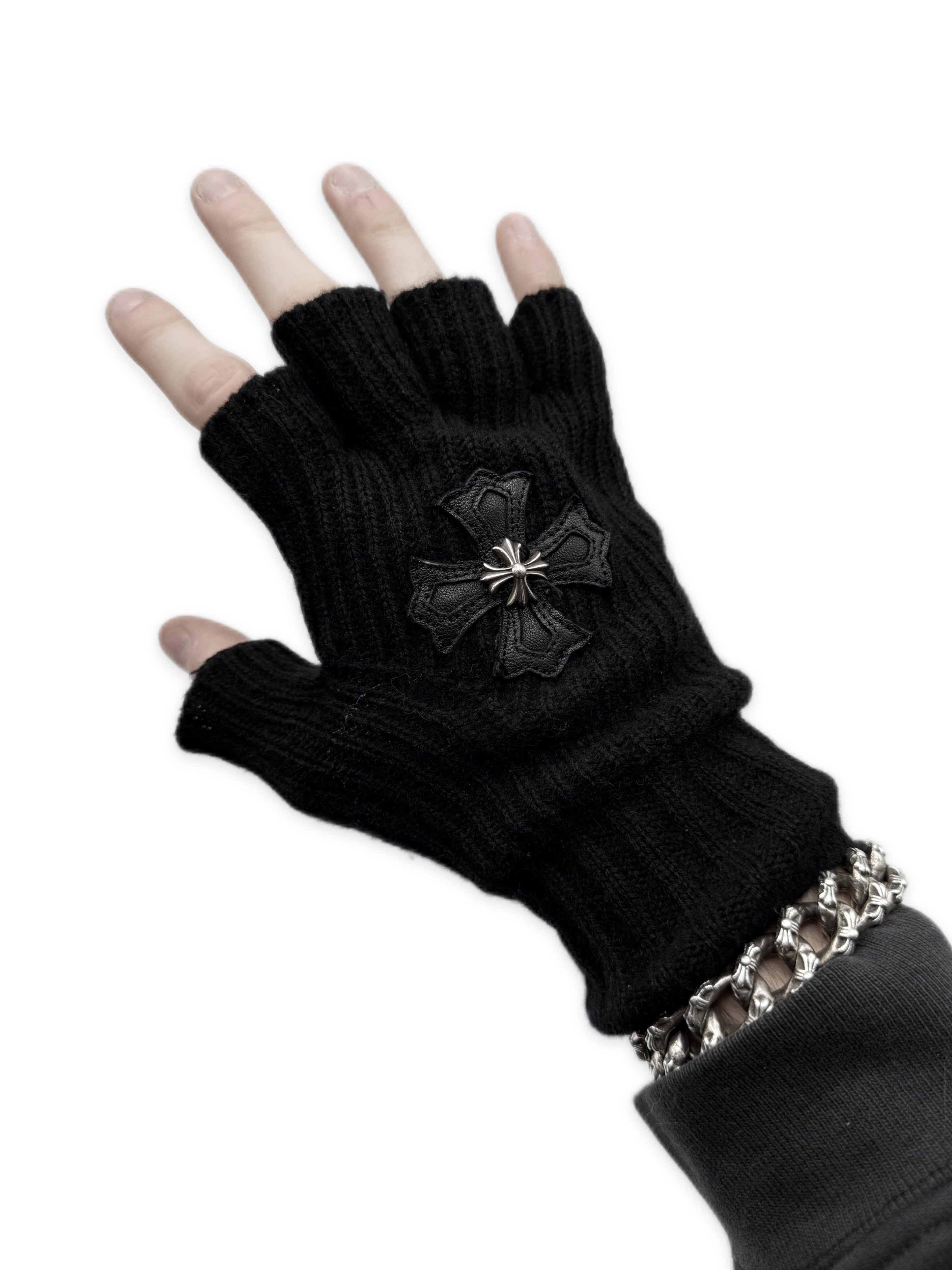 Chrome Hearts Leather Plus Patch Sticky Fingerless Gloves
