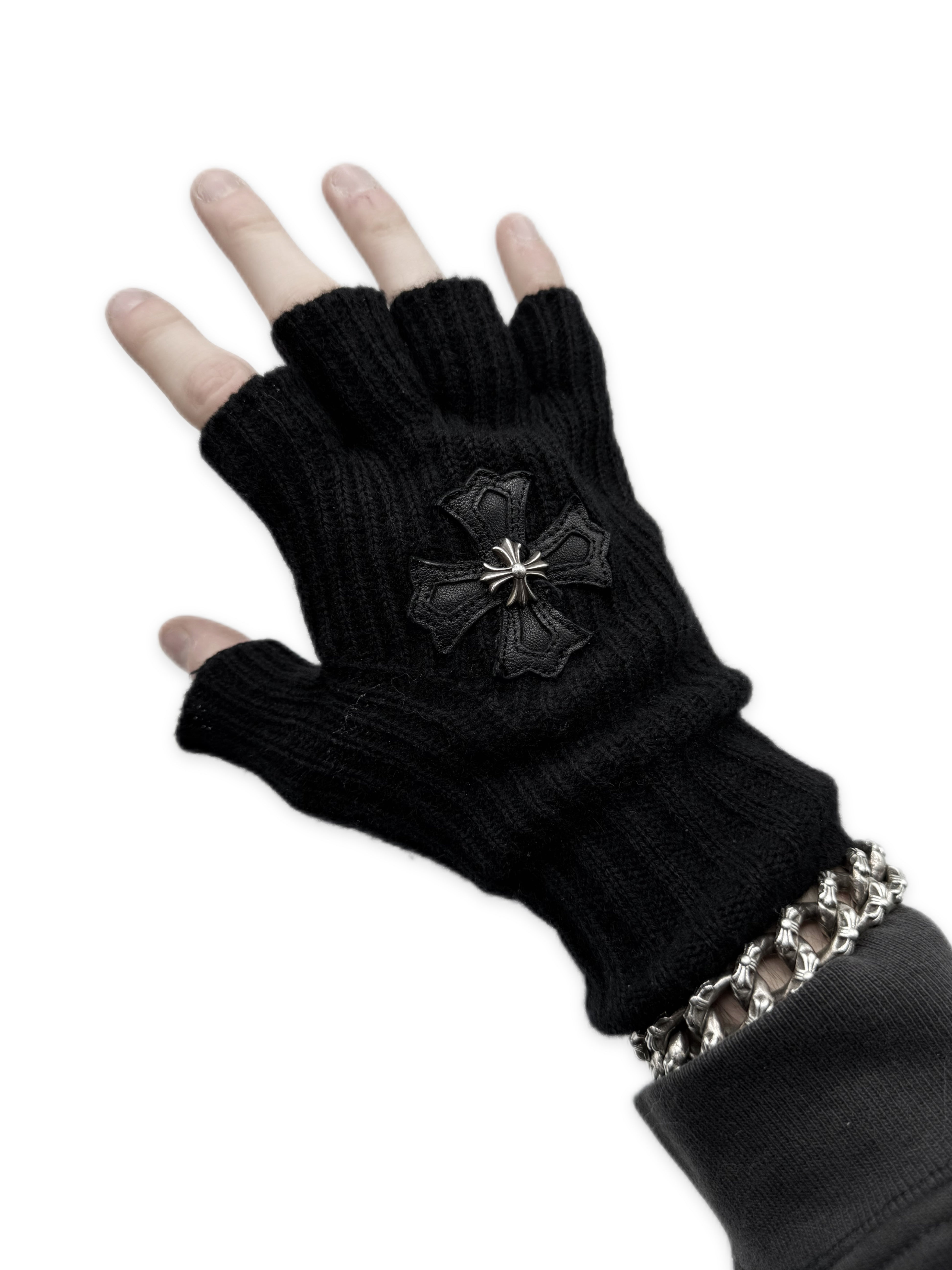 Chrome Hearts Leather Plus Patch Sticky Fingerless Gloves