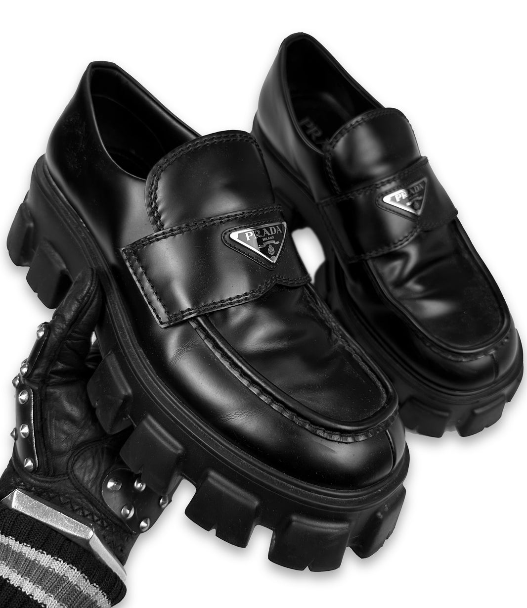 AW21 Prada ‘Monolith’ Brushed Leather Platform Loafers