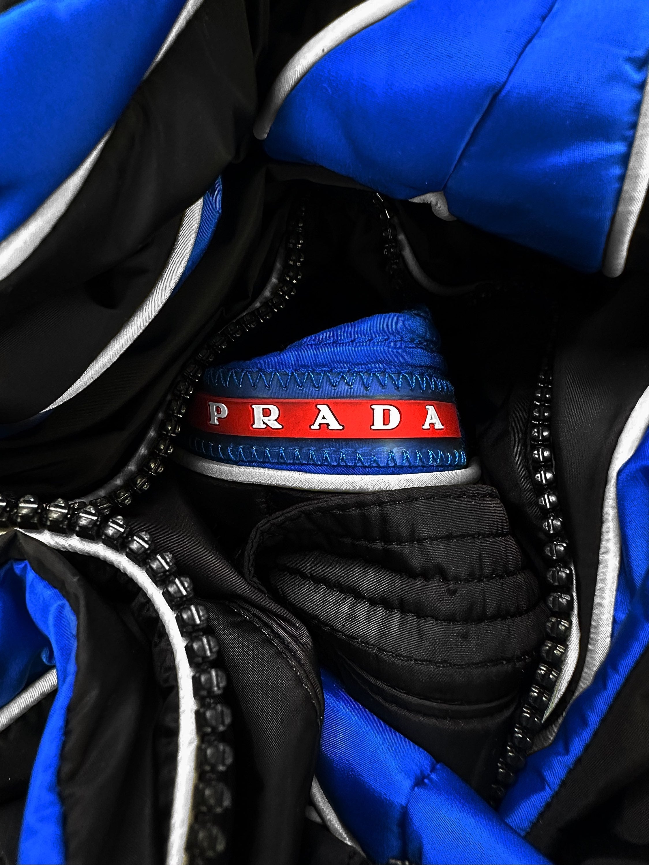 SS16 Prada Sport ‘Striped’ Two Tone Nylon High Neck Puffer Jacket