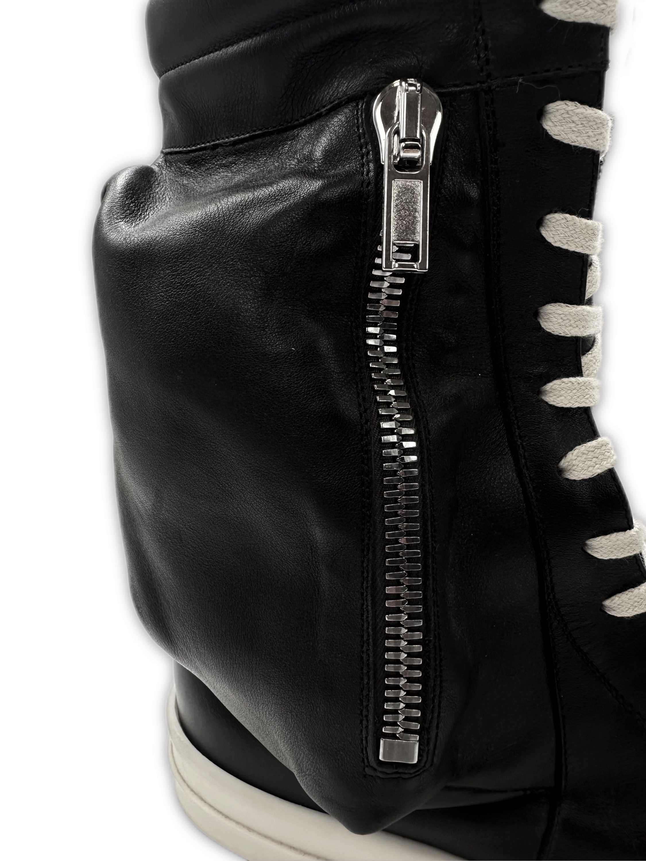2010s Rick Owens Black Leather ‘Cargobasket’ Hi-top Sneakers