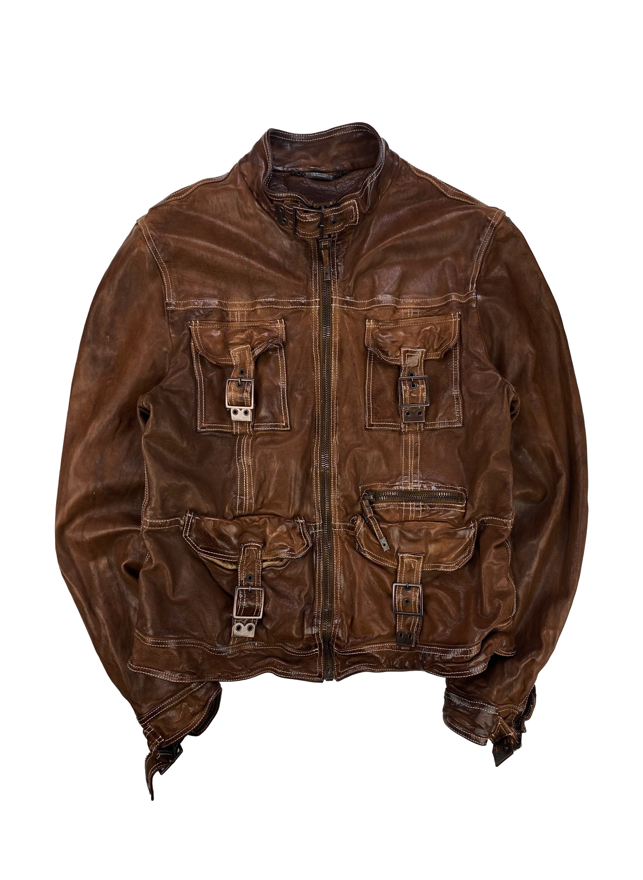 00s Dolce & Gabbana Sheepskin Multi Pocket Belted Leather Jacket