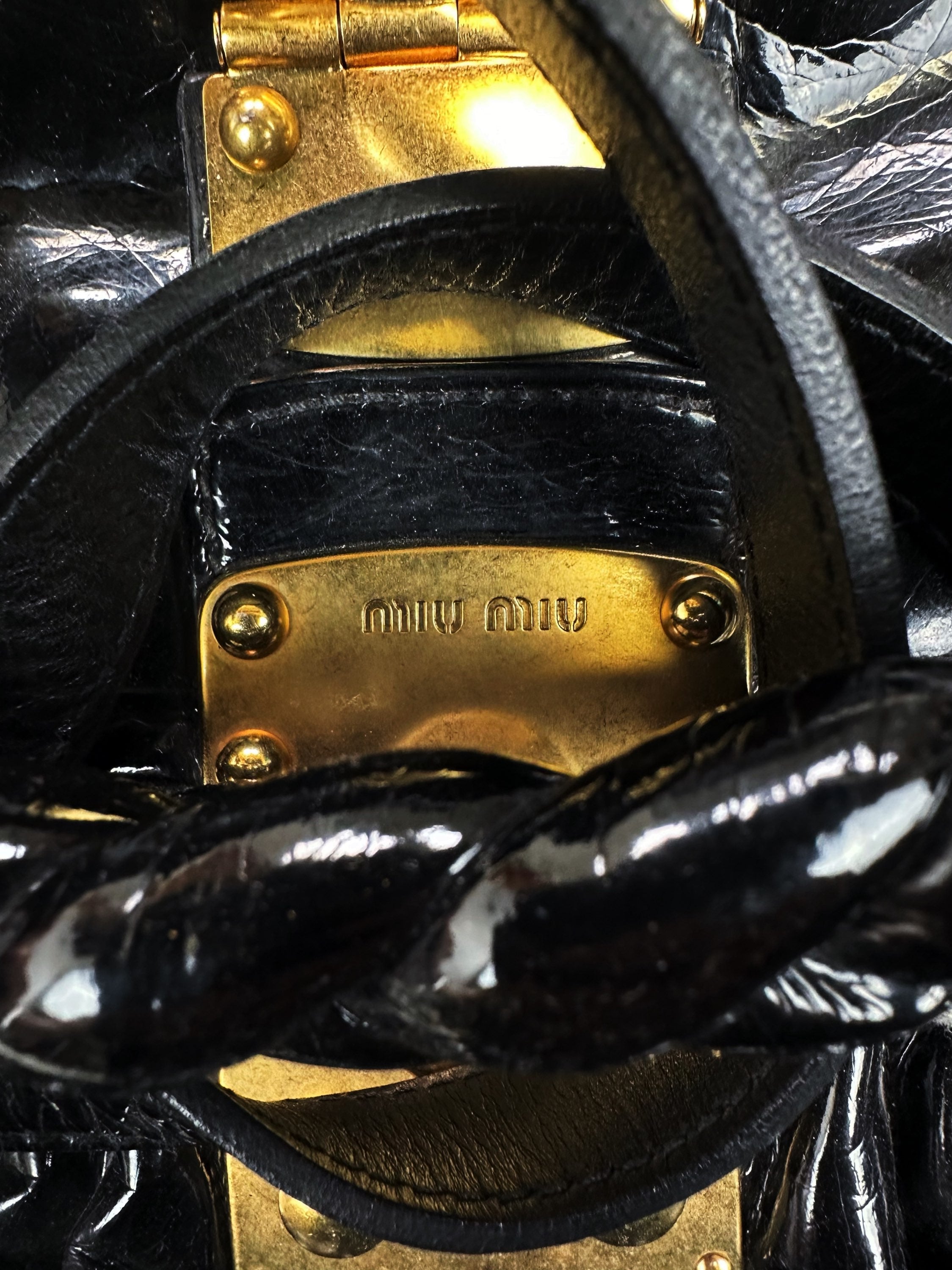 00s Miu Miu Black Patent Leather Gold Logo Side Bag