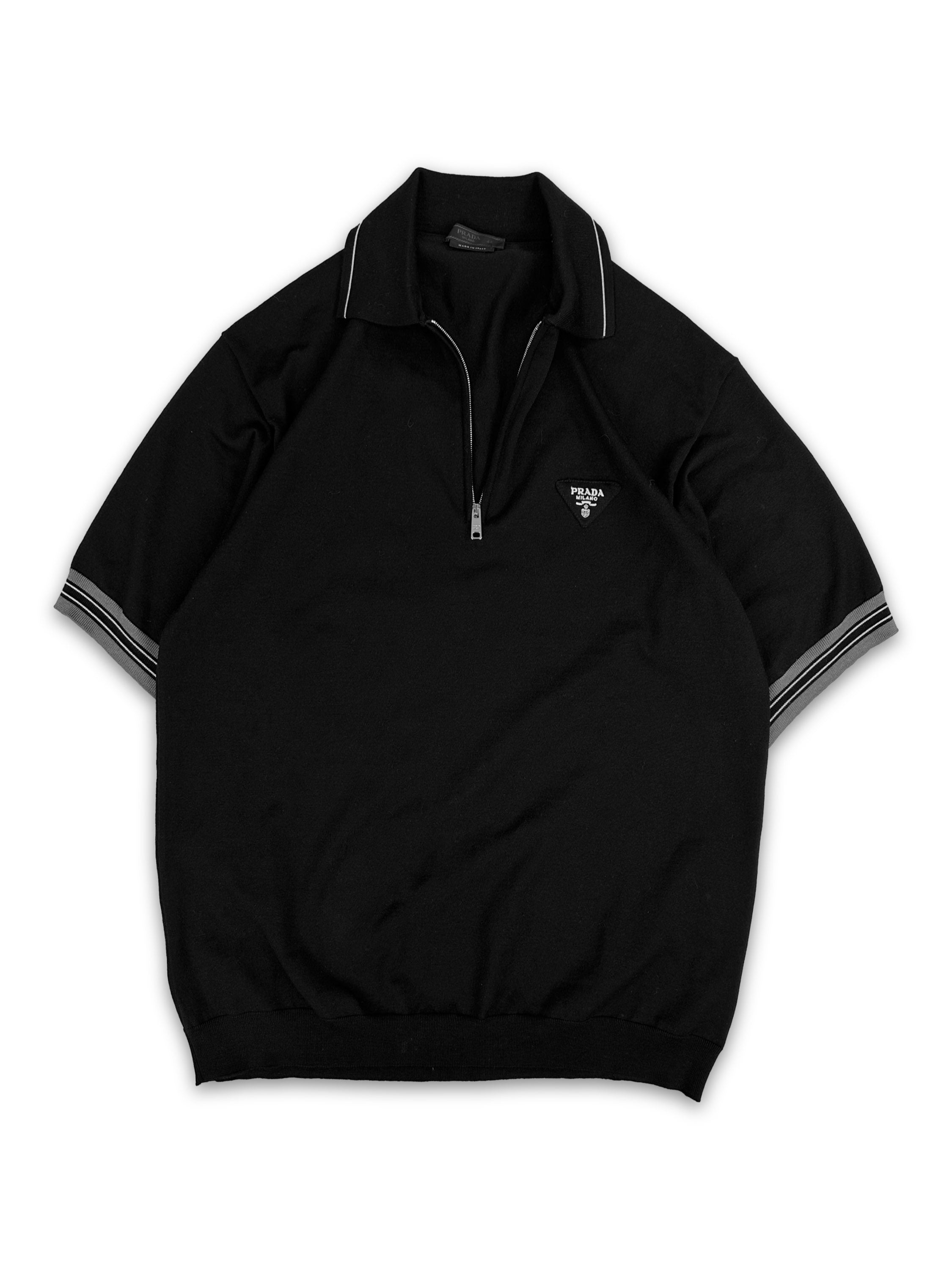 SS22 Prada Triangle Logo Black Quarter-zip Collared Shirt