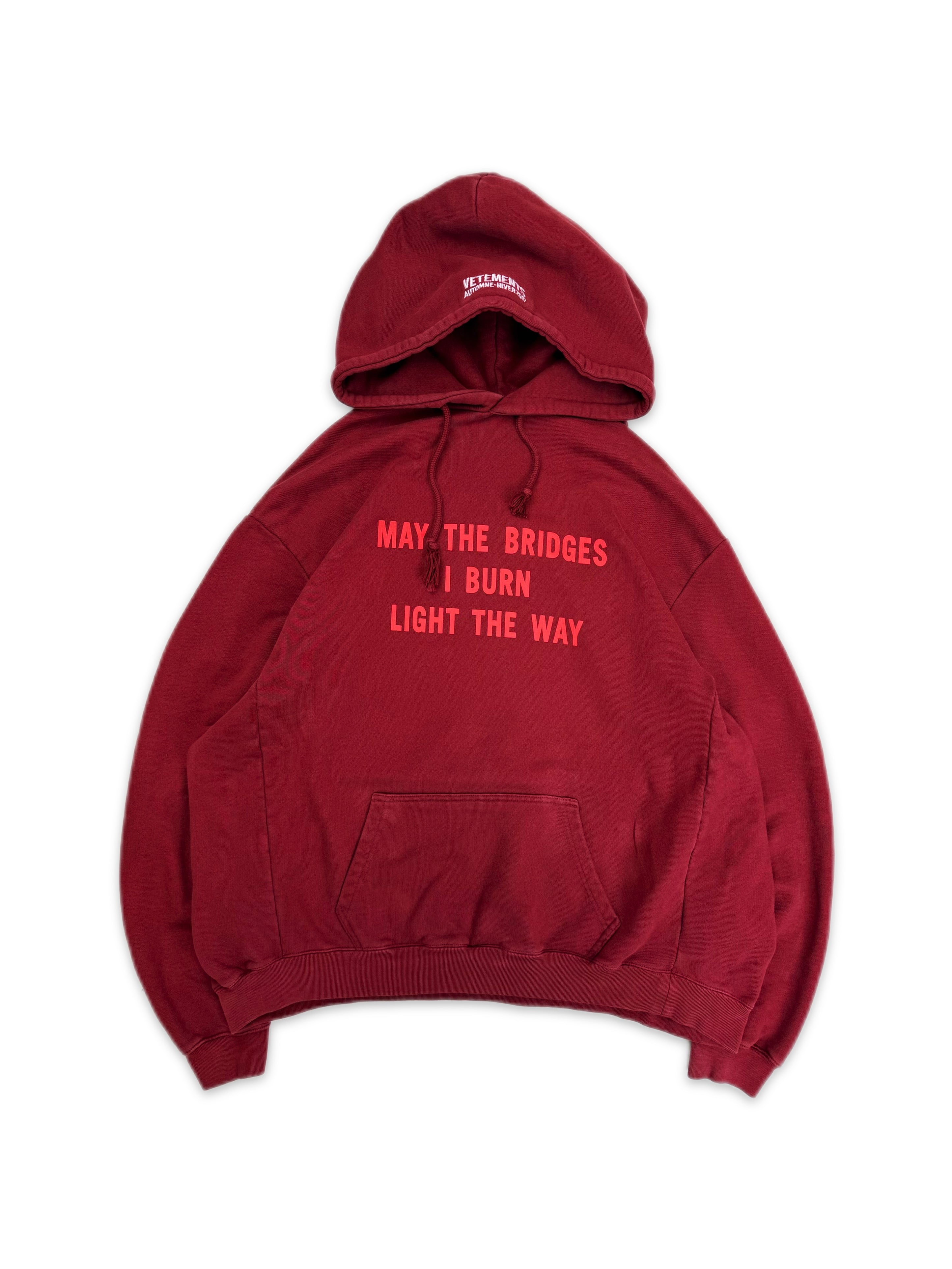 AW17 Vetements Homme ‘Bridges I Burn’ Burgundy Slogan Hoodie