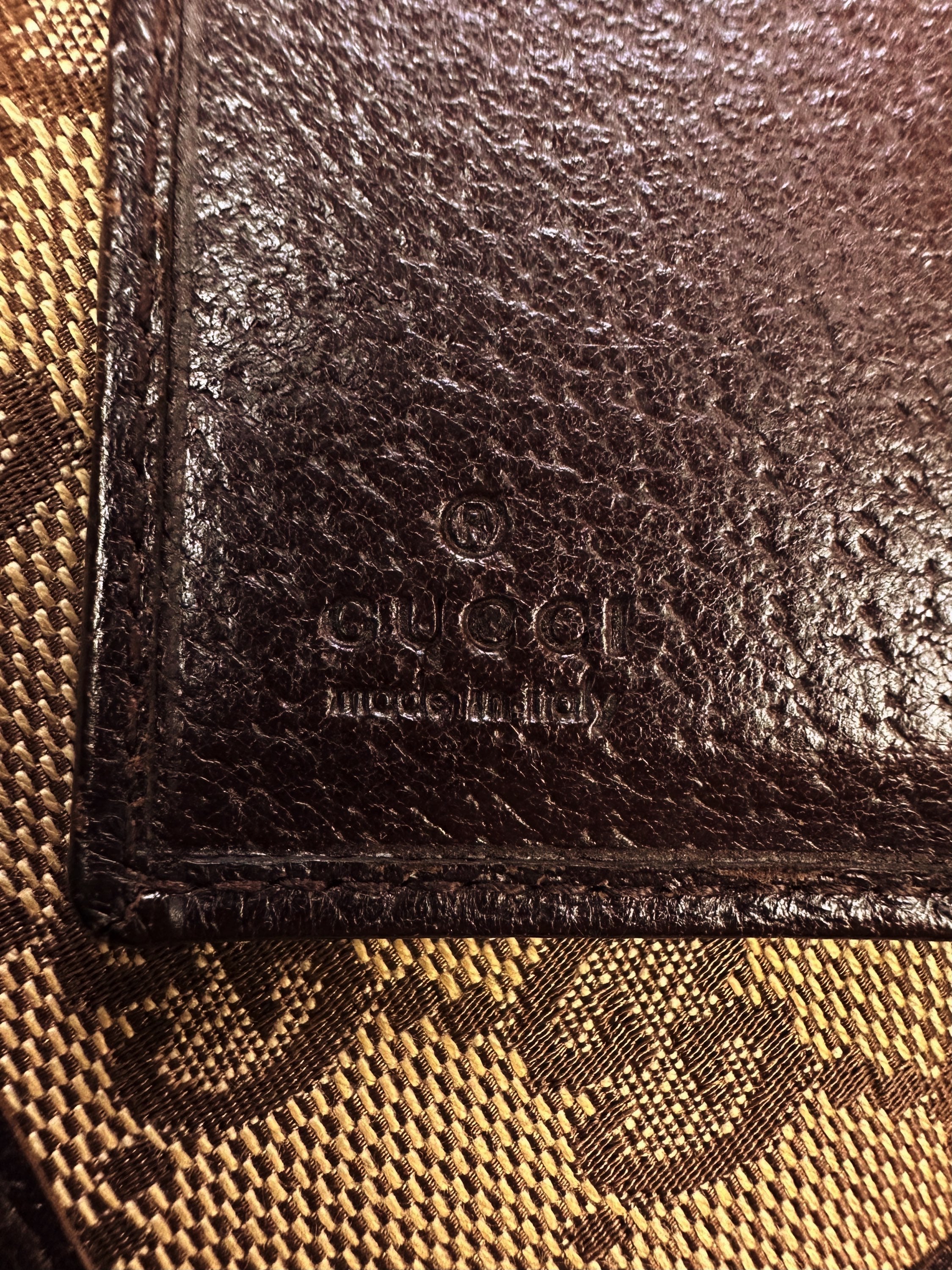 Gucci GG Monogram Tan Leather Metallic Logo Trifold Wallet