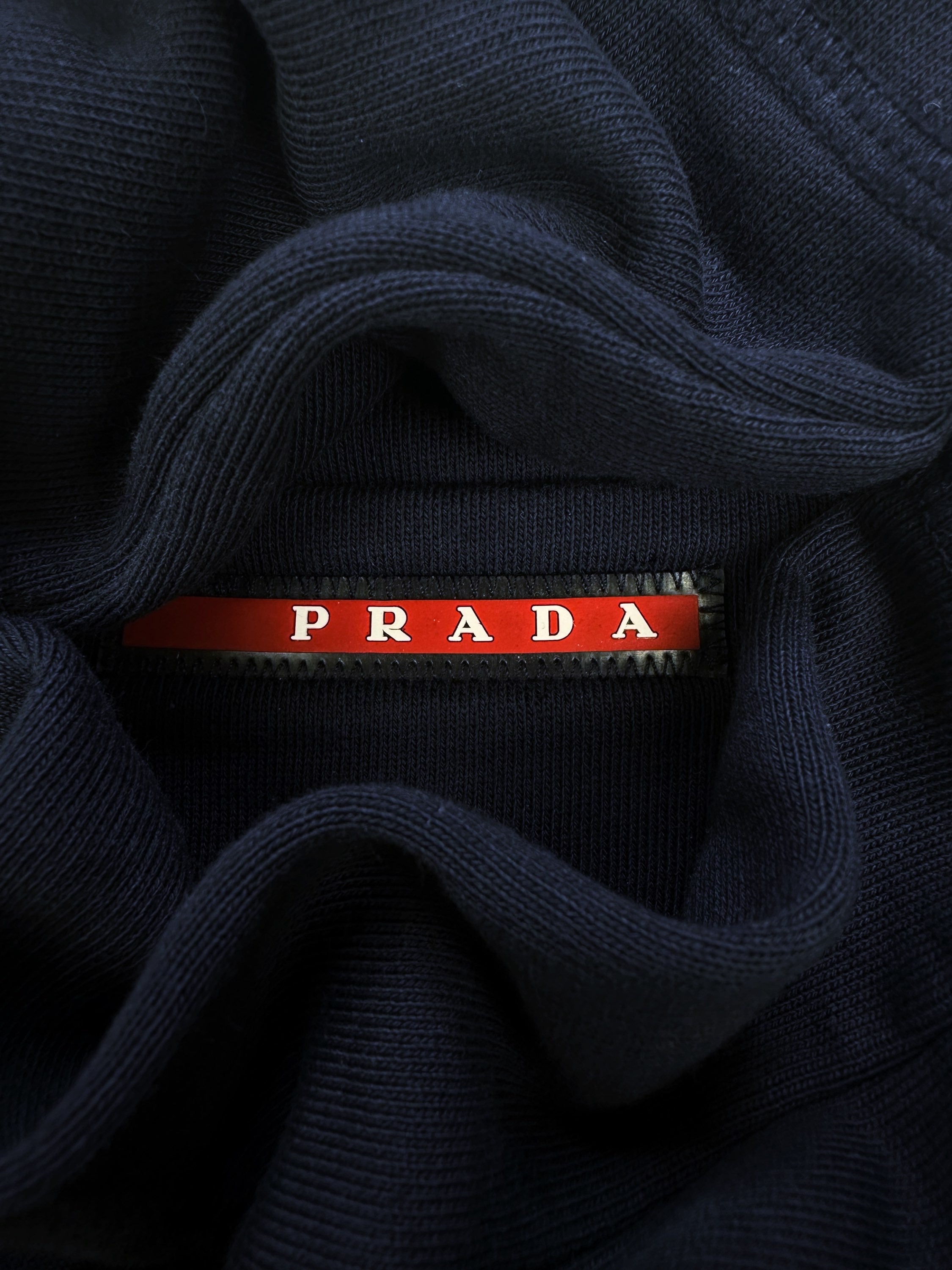 Prada Sport Navy Blue ‘Linea Rossa’ Red Logo Shorts