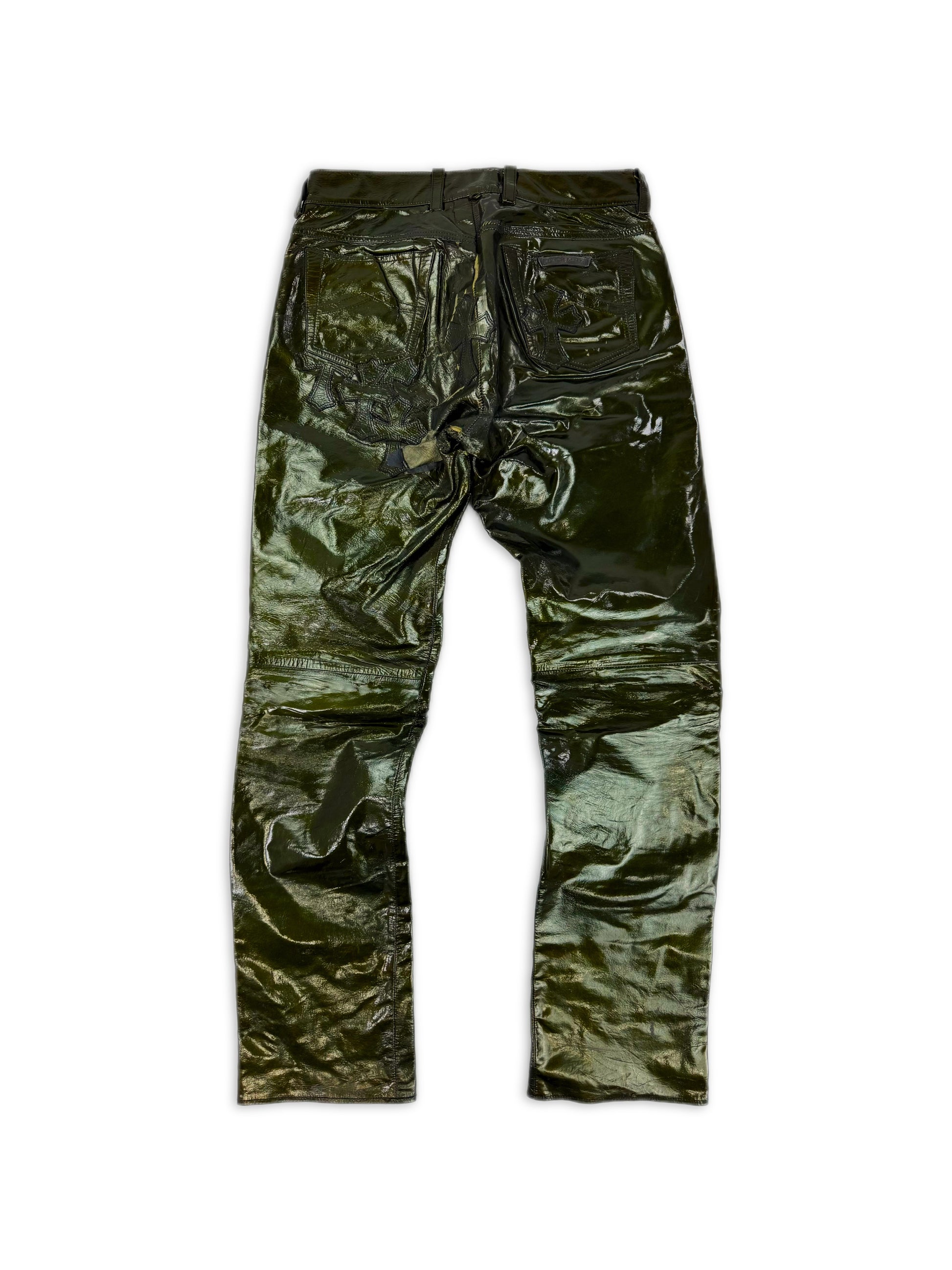 Chrome Hearts Green Galaxy Patent Leather Cross Patch Fleur Knee .925 Pants