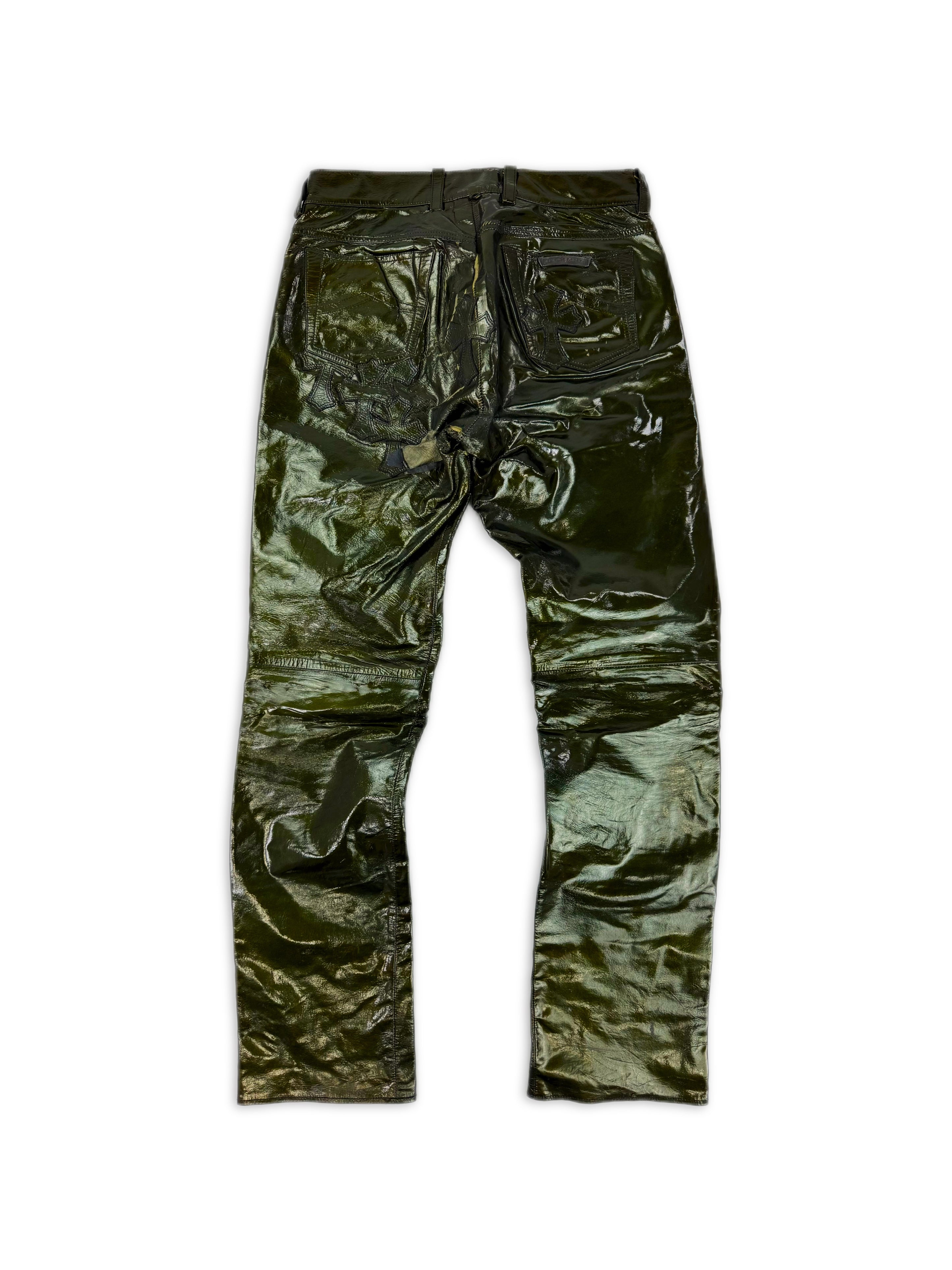 Chrome Hearts Green Galaxy Patent Leather Cross Patch Fleur Knee .925 Pants