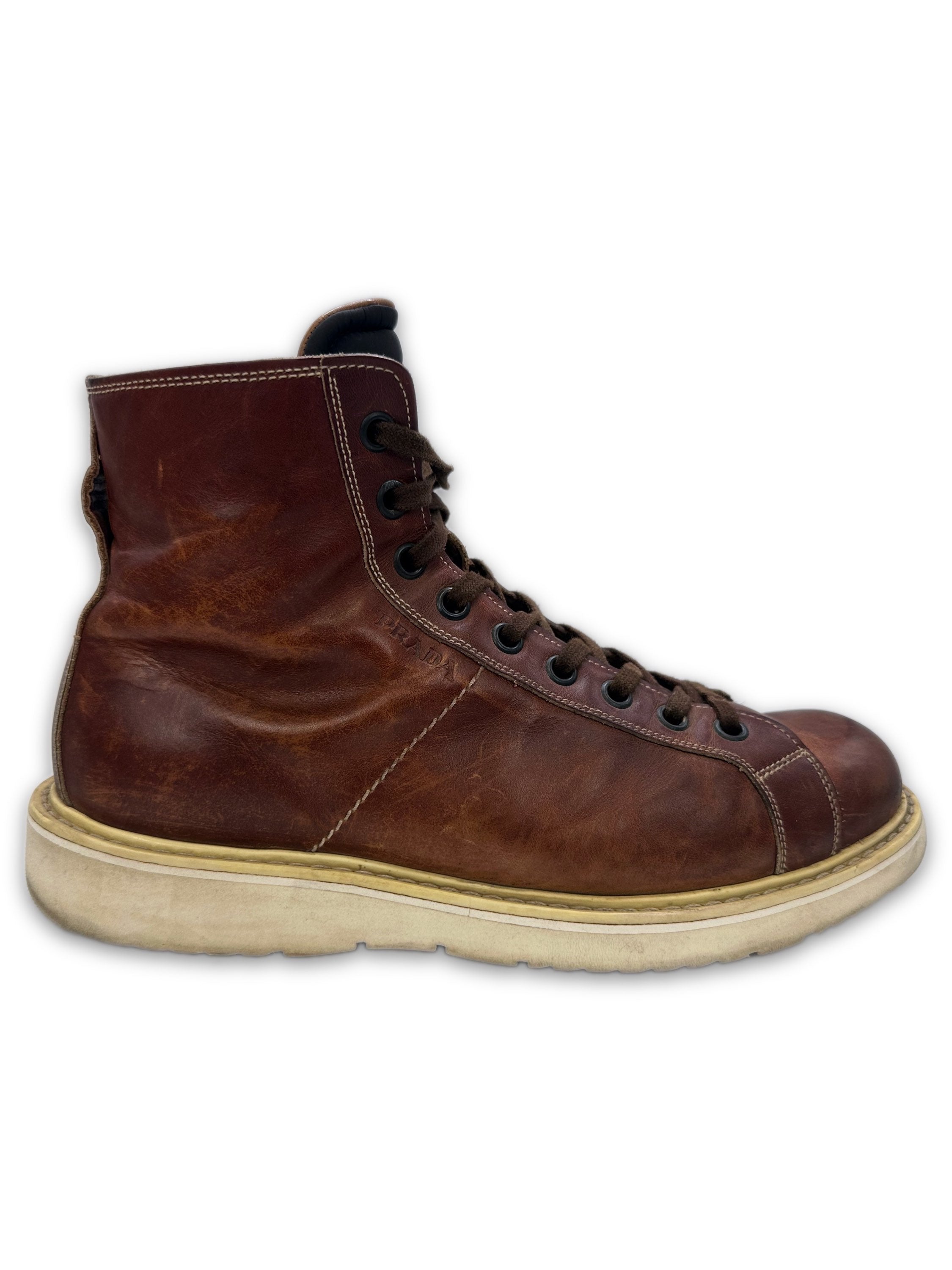 00s Prada Brown Leather Embossed Hiking Boots