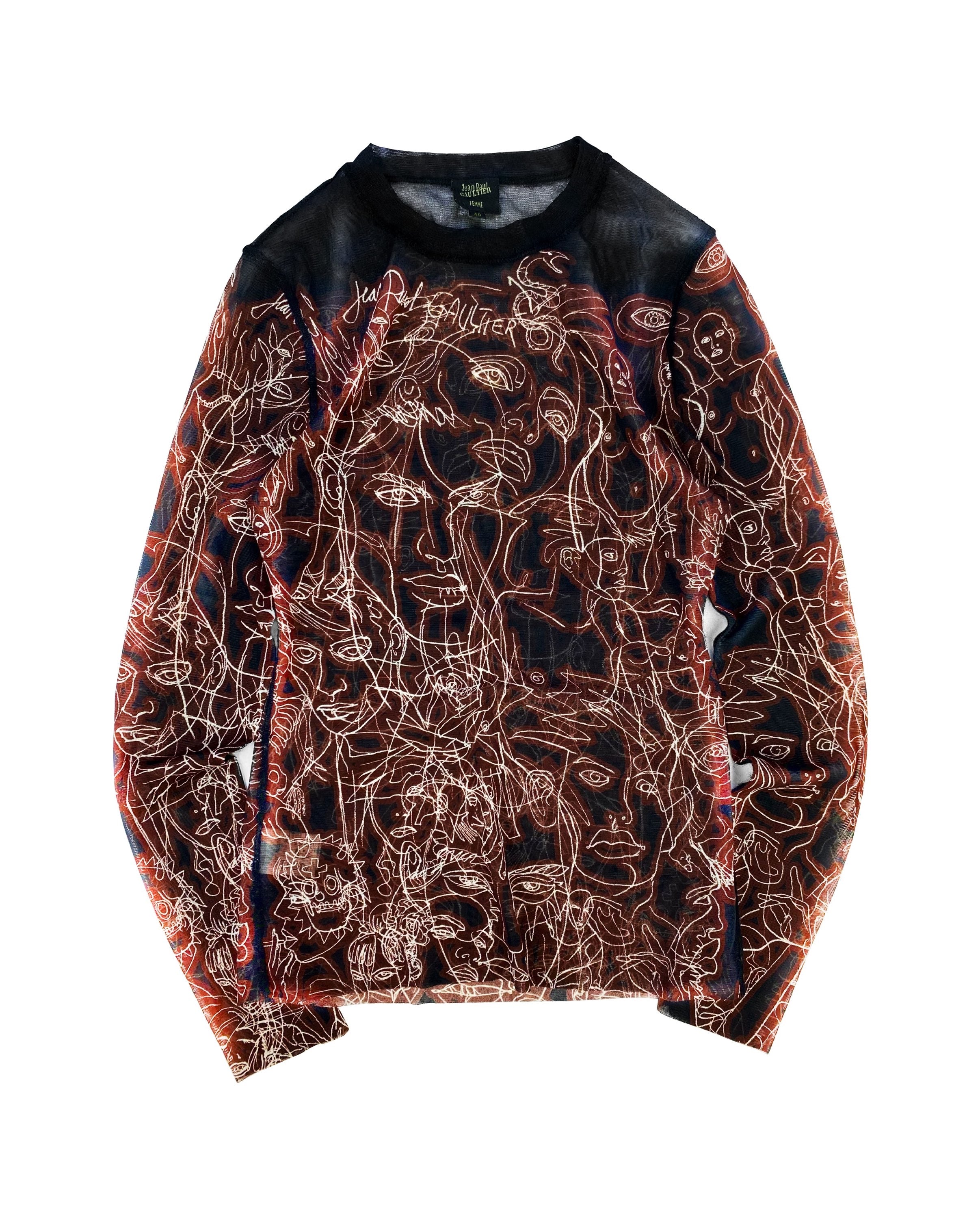 90s Jean Paul Gaultier ‘Faces’ Single Line Mesh Longsleeve Shirt